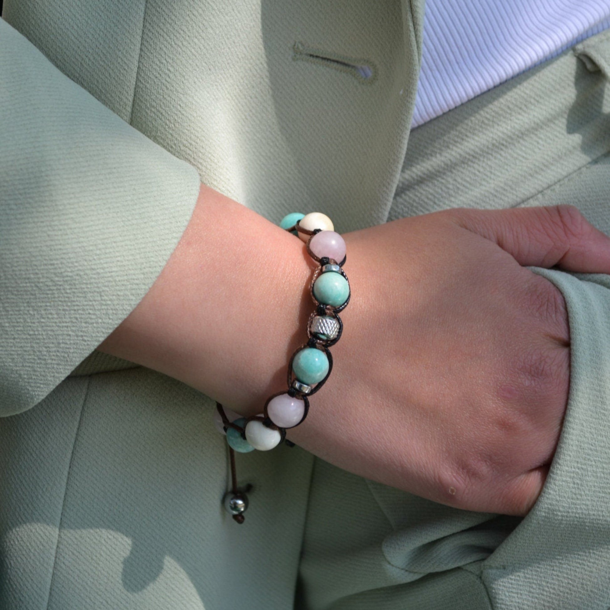 Women's Genuine Amazonite Bracelet - Rose Quartz Beaded Bracelet - Gift for Women - Adjustable Bracelet - Women Crystal Bracelet - Macrame Bracelet - Healing Bracelet  - Birthstone Bracelet - Gemstone Bracelet Men
