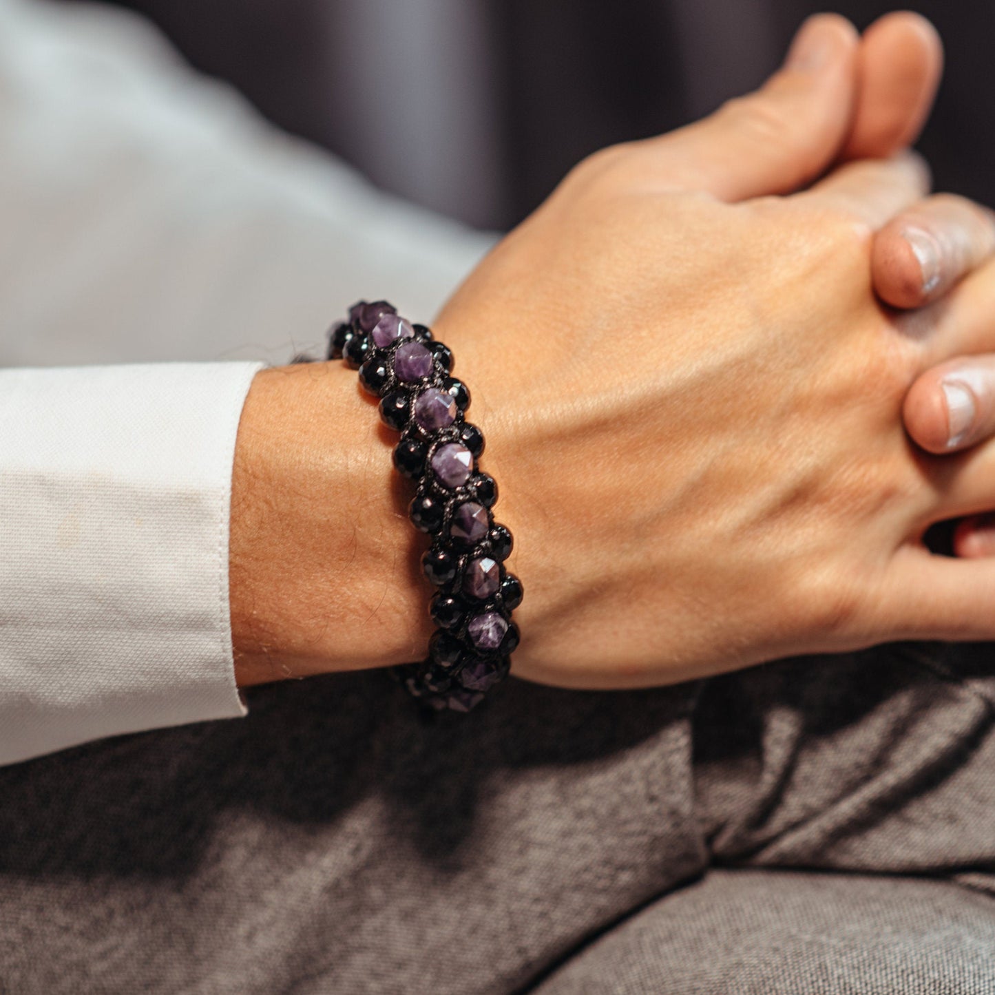 Amethyst Crystal Bracelet Men's 3 Row Bracelet Black Agate Bracelet Gifts for Men Triple Bead Bracelet Birthstone Bracelet Macrame Bracelet - Shamballa Bracelet - Birthstone Bracelet - Gemstone Bracelet Men - Chakra Bracelet - Macrame Bracelet - Healing Bracelet - Valinde
