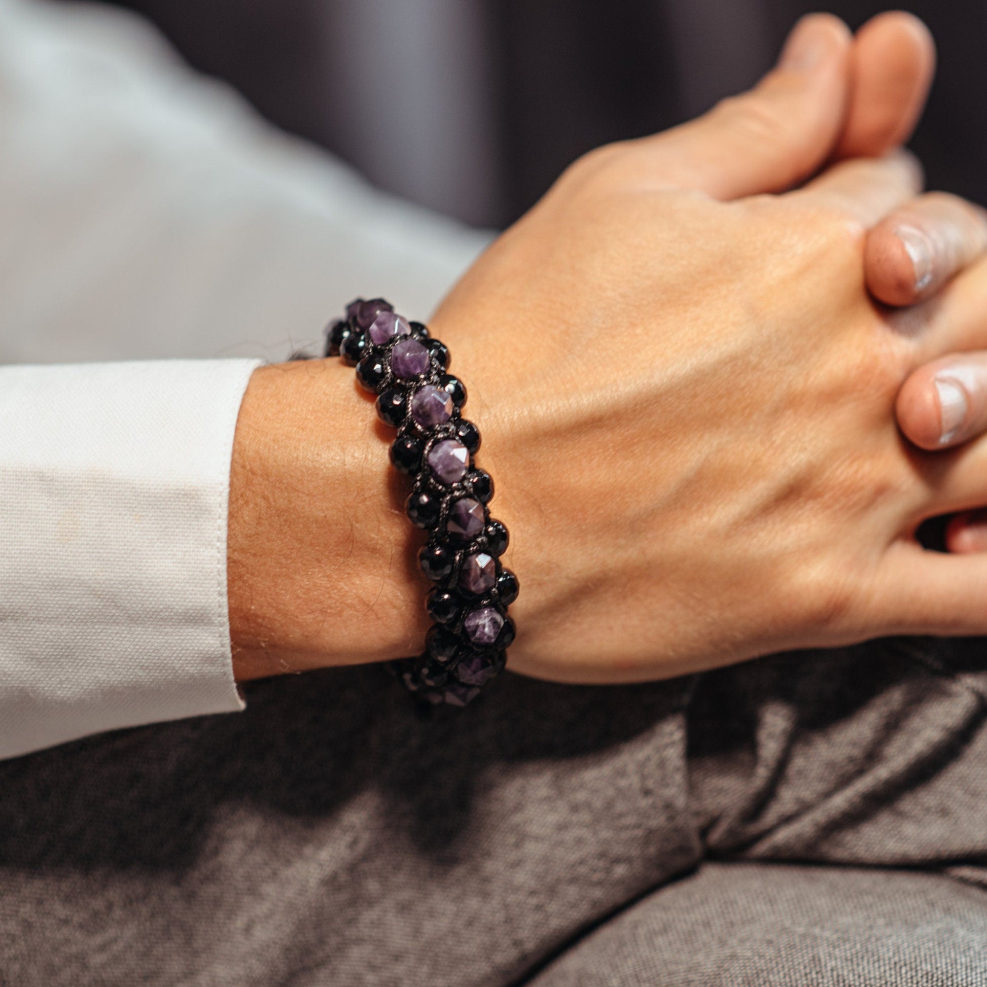 Amethyst Crystal Bracelet Men's 3 Row Bracelet Black Agate Bracelet Gifts for Men Triple Bead Bracelet Birthstone Bracelet Macrame Bracelet - Shamballa Bracelet - Birthstone Bracelet - Gemstone Bracelet Men - Chakra Bracelet - Macrame Bracelet - Healing Bracelet - Valinde

