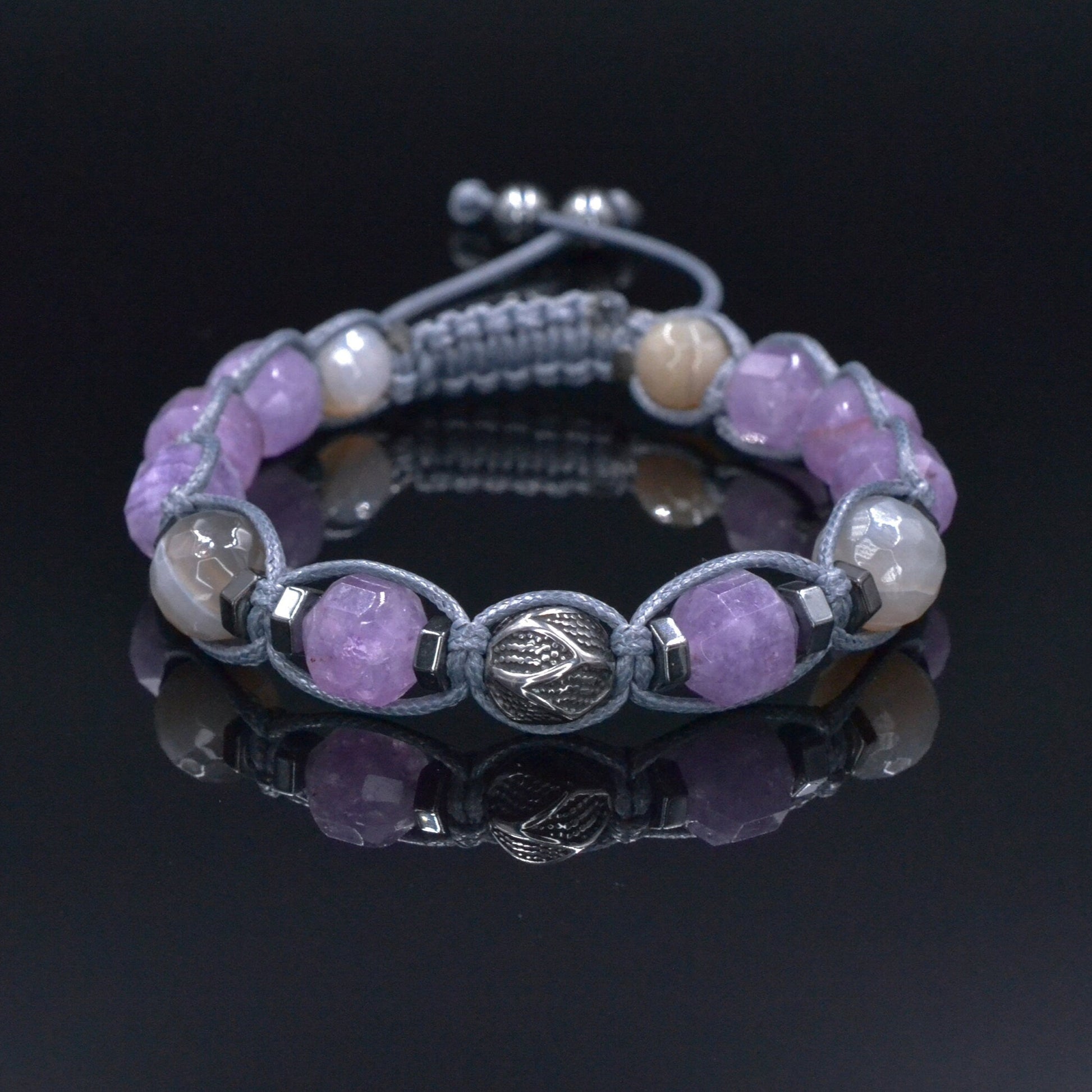 Amethyst Agate Bracelet, Men's Steel Bead Adjustable Bracelet, Gift for Men, Light Purple Beaded Bracelet, Christmas Gift, Macrame Bracelet - Shamballa Bracelet - Mantra Bracelet  -  Birthstone Bracelet - Gemstone Bracelet Men - Chakra Bracelet - Macrame Bracelet - Healing Bracelet - Valinde