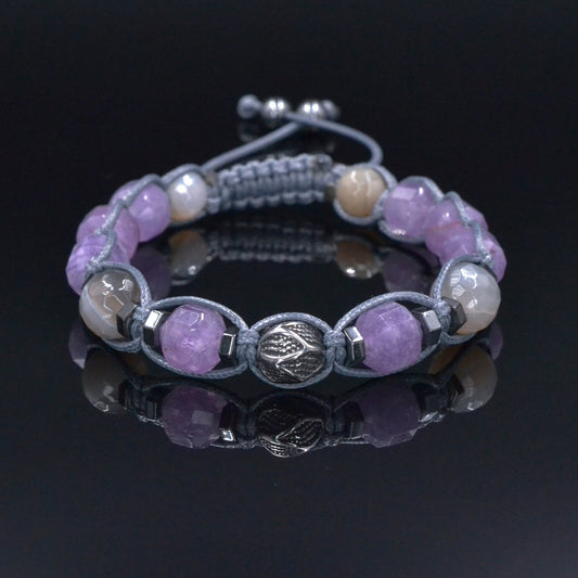 Amethyst Agate Bracelet, Men's Steel Bead Adjustable Bracelet, Gift for Men, Light Purple Beaded Bracelet, Christmas Gift, Macrame Bracelet - Shamballa Bracelet - Mantra Bracelet  -  Birthstone Bracelet - Gemstone Bracelet Men - Chakra Bracelet - Macrame Bracelet - Healing Bracelet - Valinde