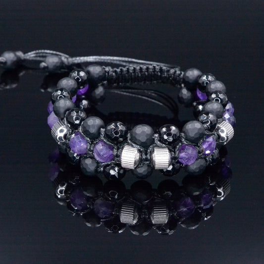 Amethyst Triple Bracelet - Men's Black Onyx Agate Macrame Adjustable Bracelet - Three Row Bracelet - Wide Crystal Bracelet - Gift for Men- Shamballa Bracelet - Birthstone Bracelet - Gemstone Bracelet Men - Chakra Bracelet - Macrame Bracelet - Healing Bracelet - Valinde