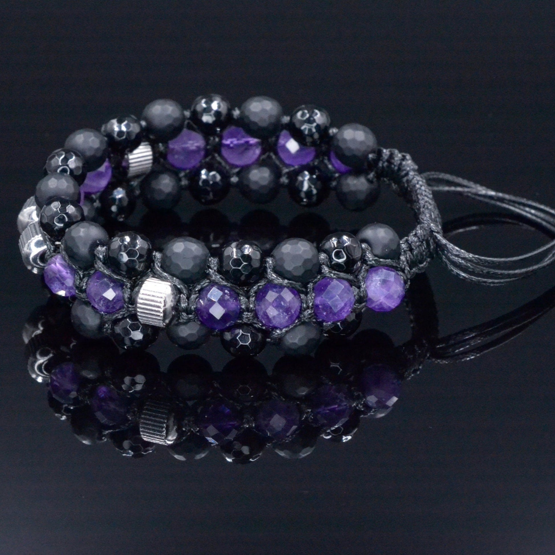 Amethyst Triple Bracelet - Men's Black Onyx Agate Macrame Adjustable Bracelet - Three Row Bracelet - Wide Crystal Bracelet - Gift for Men- Shamballa Bracelet - Birthstone Bracelet - Gemstone Bracelet Men - Chakra Bracelet - Macrame Bracelet - Healing Bracelet - Valinde
