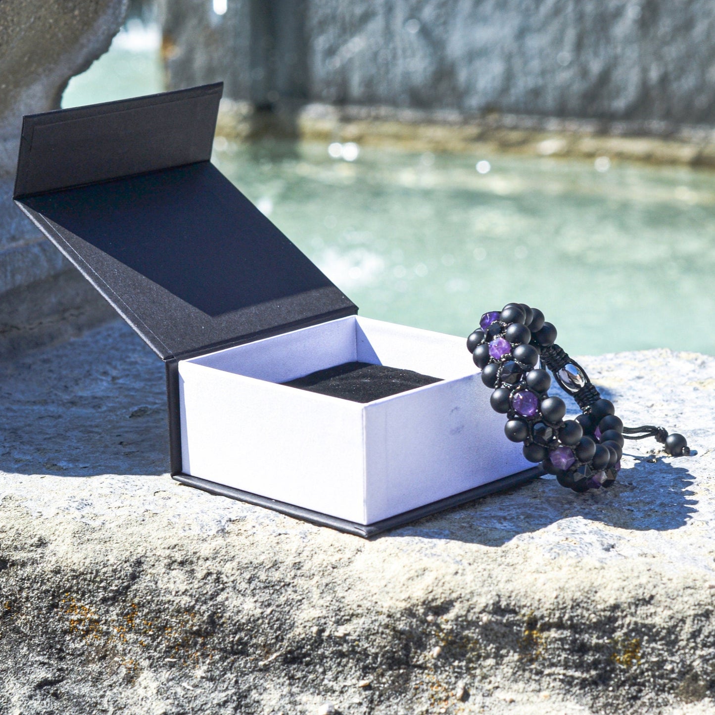 Men's Amethyst Crystal Bracelet 3 Row Stone Bracelet Agate Bracelet Gemstone Bracelet Gift for Men Beaded Bracelet Wide Bracelet Macrame