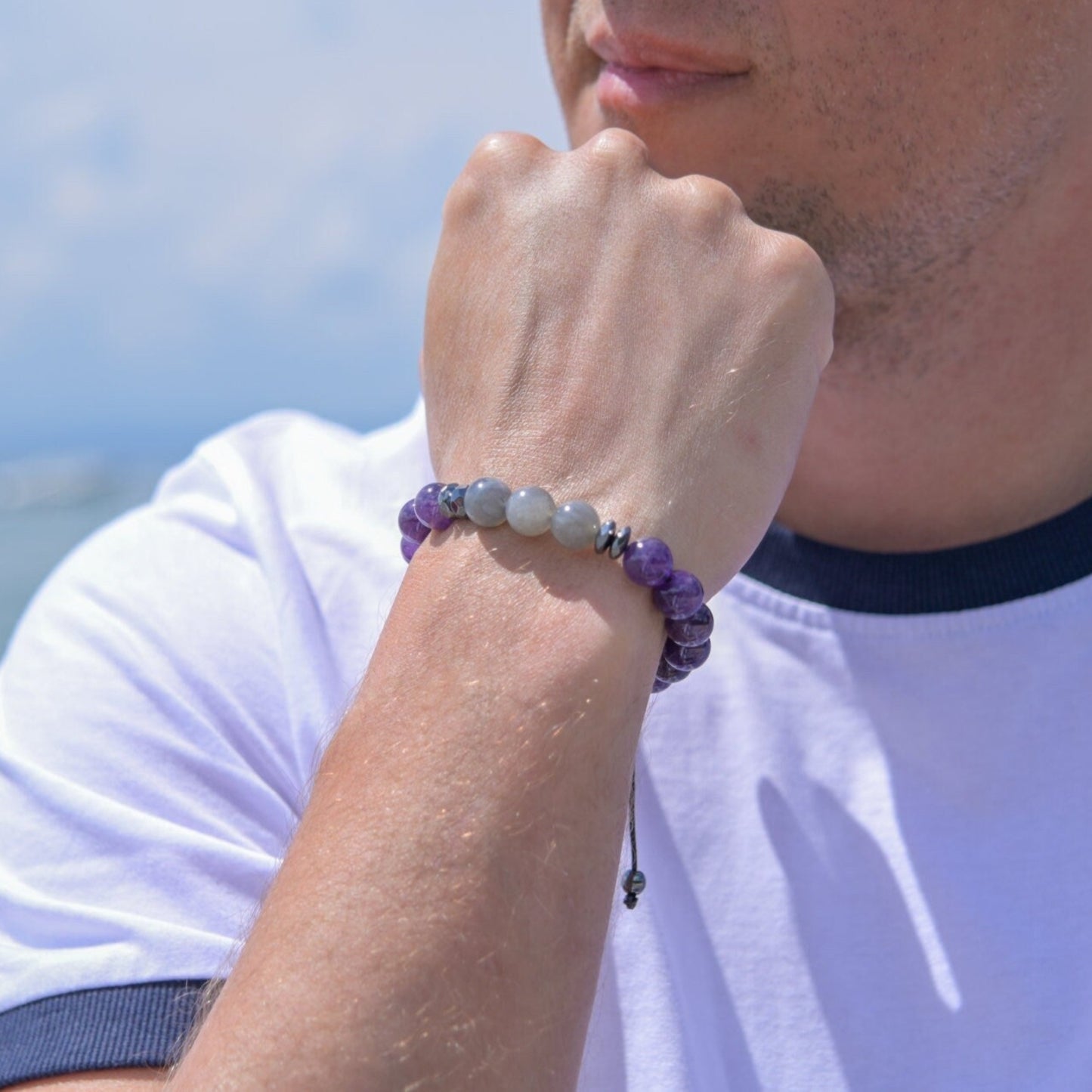 Amethyst Labradorite Hematite Beaded Bracelet, Men's Gemstone Crystal Bracelet, Gift for Men, Adjustable Stone Bracelet    - Shamballa Bracelet - Mantra Bracelet  -  Birthstone Bracelet - Gemstone Bracelet Men - Chakra Bracelet - Macrame Bracelet - Healing Bracelet - Valinde
