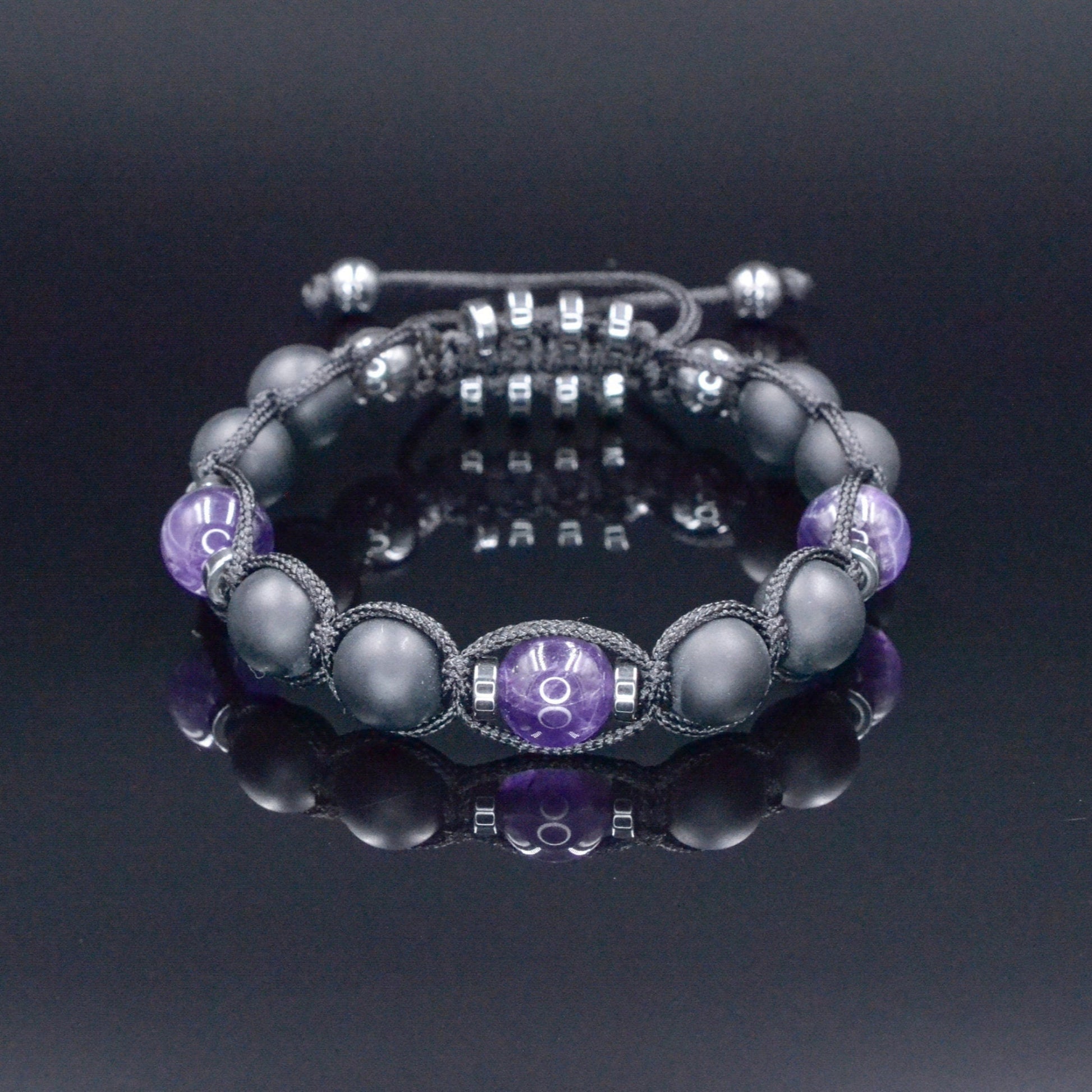 Men's Black Onyx Amethyst Bracelet - Hematite Stone Adjustable Bracelet - Crystal Beaded Bracelet - Gift for Men - Father's Day Gift - Macrame Beaded Bracelet - Birthstone Bracelet - Gemstone Bracelet Men - Chakra Bracelet