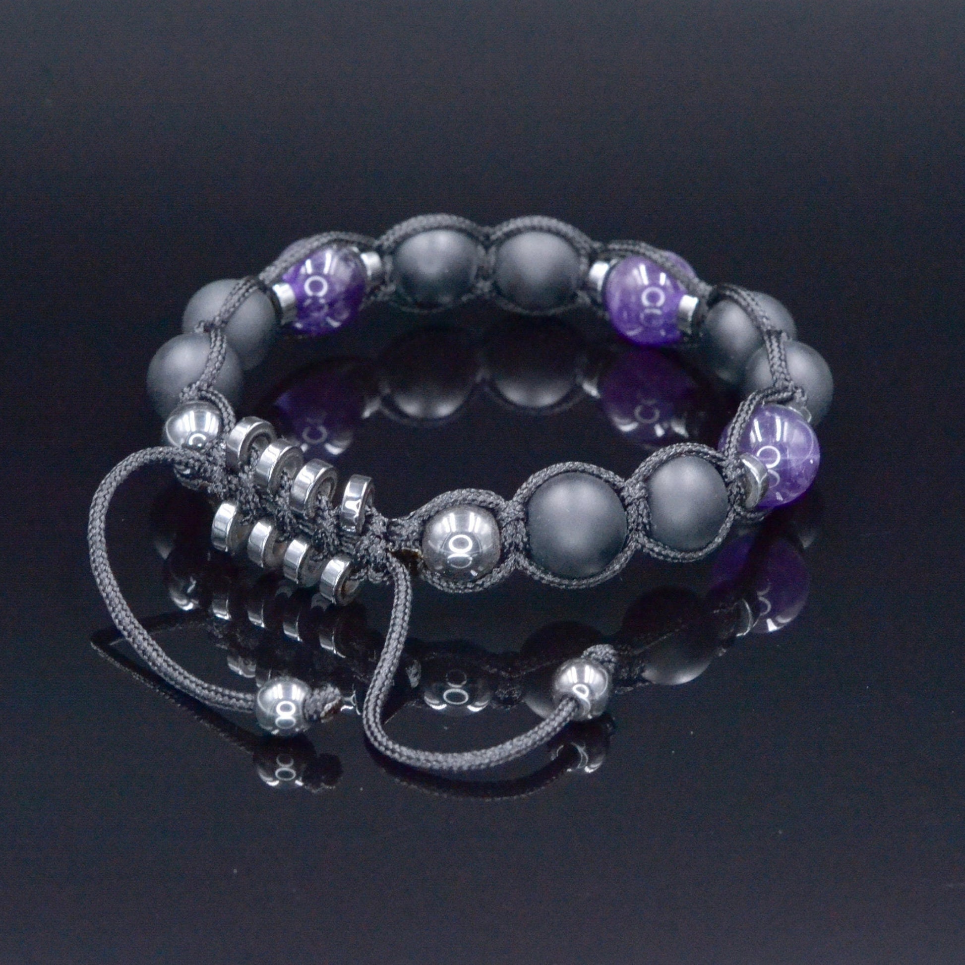 Men's Black Onyx Amethyst Bracelet - Hematite Stone Adjustable Bracelet - Crystal Beaded Bracelet - Gift for Men - Father's Day Gift - Macrame Beaded Bracelet - Birthstone Bracelet - Gemstone Bracelet Men - Chakra Bracelet