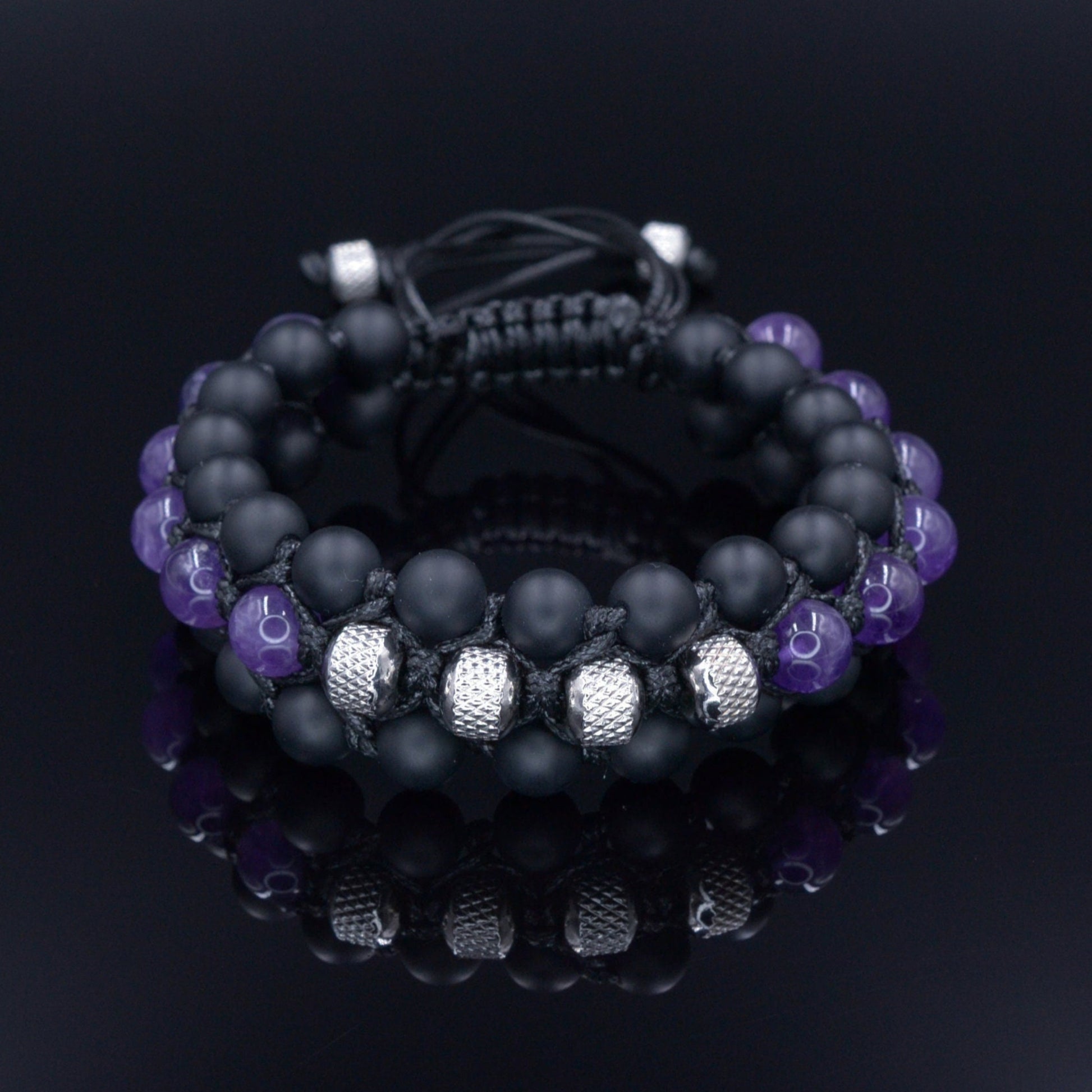 Men's Amethyst Crystal Macrame Bracelet - Steel Bead Bracelet - Three Row Bracelet - Gift for Men - Black Onyx Triple Bracelet - Men's Gift- Shamballa Bracelet - Birthstone Bracelet - Gemstone Bracelet Men - Chakra Bracelet - Macrame Bracelet - Healing Bracelet - Valinde
