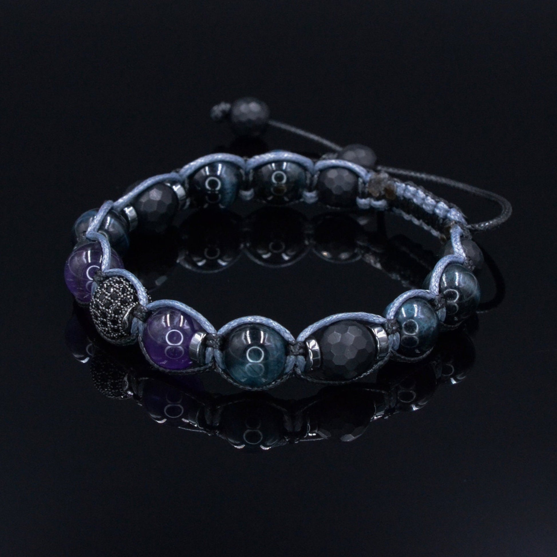 Men's Blue Tiger's Eye Bracelet - Amethyst Black Onyx Crystal Bracelet - Gift for Men - Adjustable Beaded Bracelet for Men - Men's Gift
