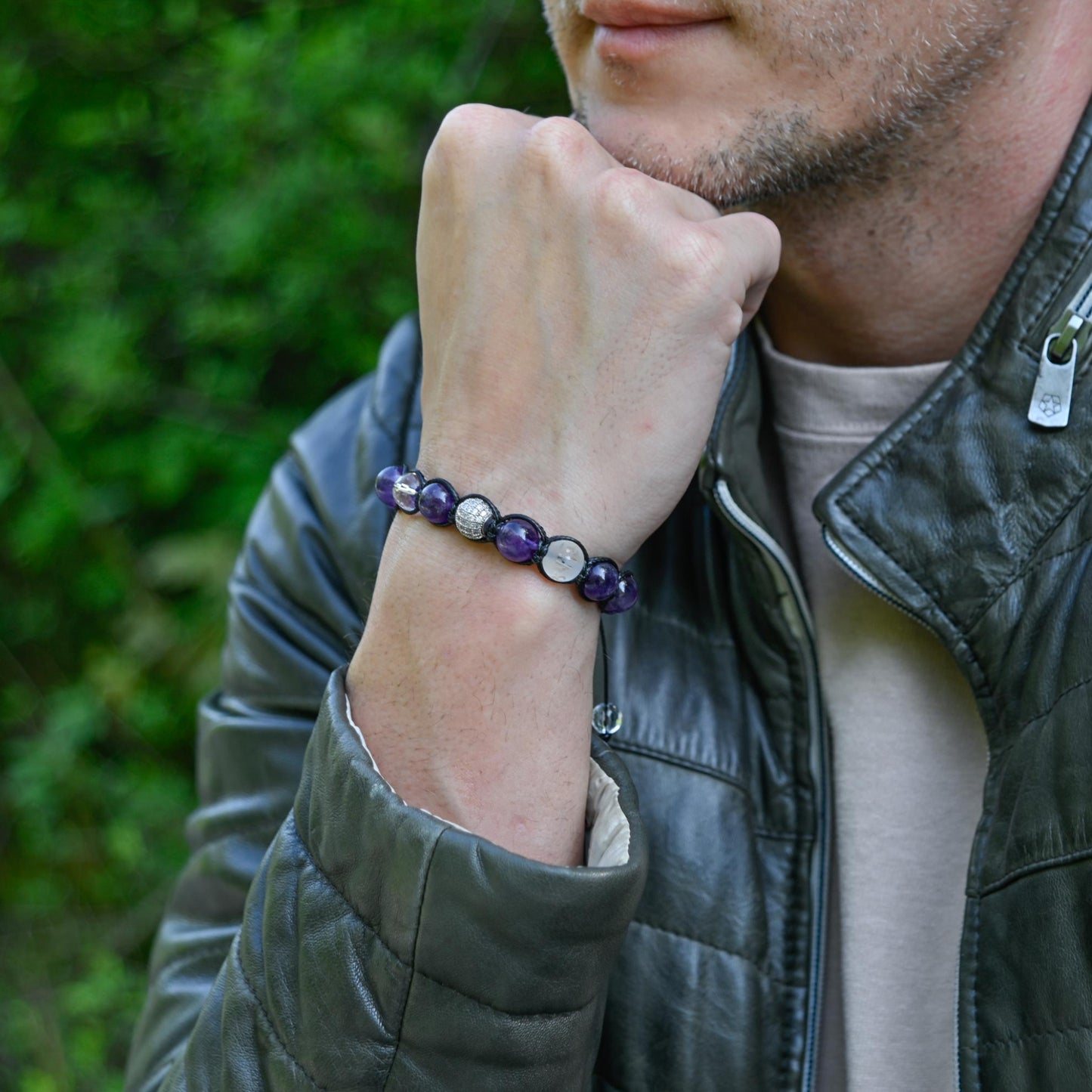 Amethyst and Rock Crystal Men's Bracelet, Genuine Purple Stone Jewelry, Protection Bracelet, Crystal Gift for Him, February Birthstone, Protection Bracelet gift for Him, Stainless Steel Jewelry,Healing Crystal Bracelet, Masculine Strength Gift, Spiritual Protection, Gift for Men, Adjustable Braided Bracelet, Gift for Men, Adjustable Macrame Braided Gemstone Bracelet, Braided Adjustable Gemstone Bead Bracelet, Genuine Raw Stone Jewelry, Gift for Men, Adjustable Braided Macrame Bracelet, Gift for Men - Shamba