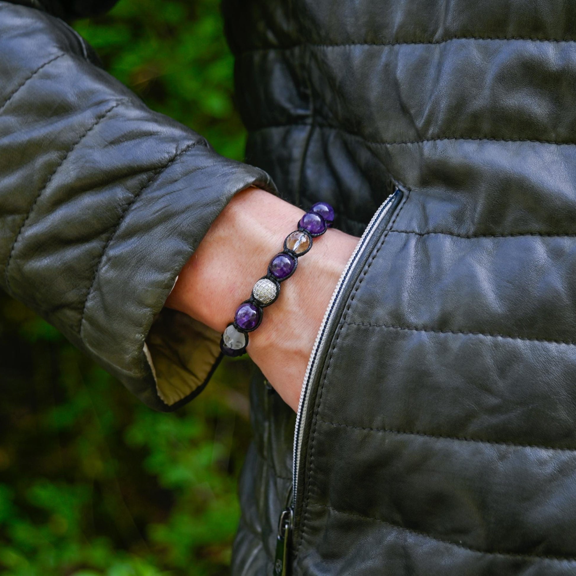 Amethyst and Rock Crystal Men's Bracelet, Genuine Purple Stone Jewelry, Protection Bracelet, Crystal Gift for Him, February Birthstone, Protection Bracelet gift for Him, Stainless Steel Jewelry,Healing Crystal Bracelet, Masculine Strength Gift, Spiritual Protection, Gift for Men, Adjustable Braided Bracelet, Gift for Men, Adjustable Macrame Braided Gemstone Bracelet, Braided Adjustable Gemstone Bead Bracelet, Genuine Raw Stone Jewelry, Gift for Men, Adjustable Braided Macrame Bracelet, Gift for Men - Shamba