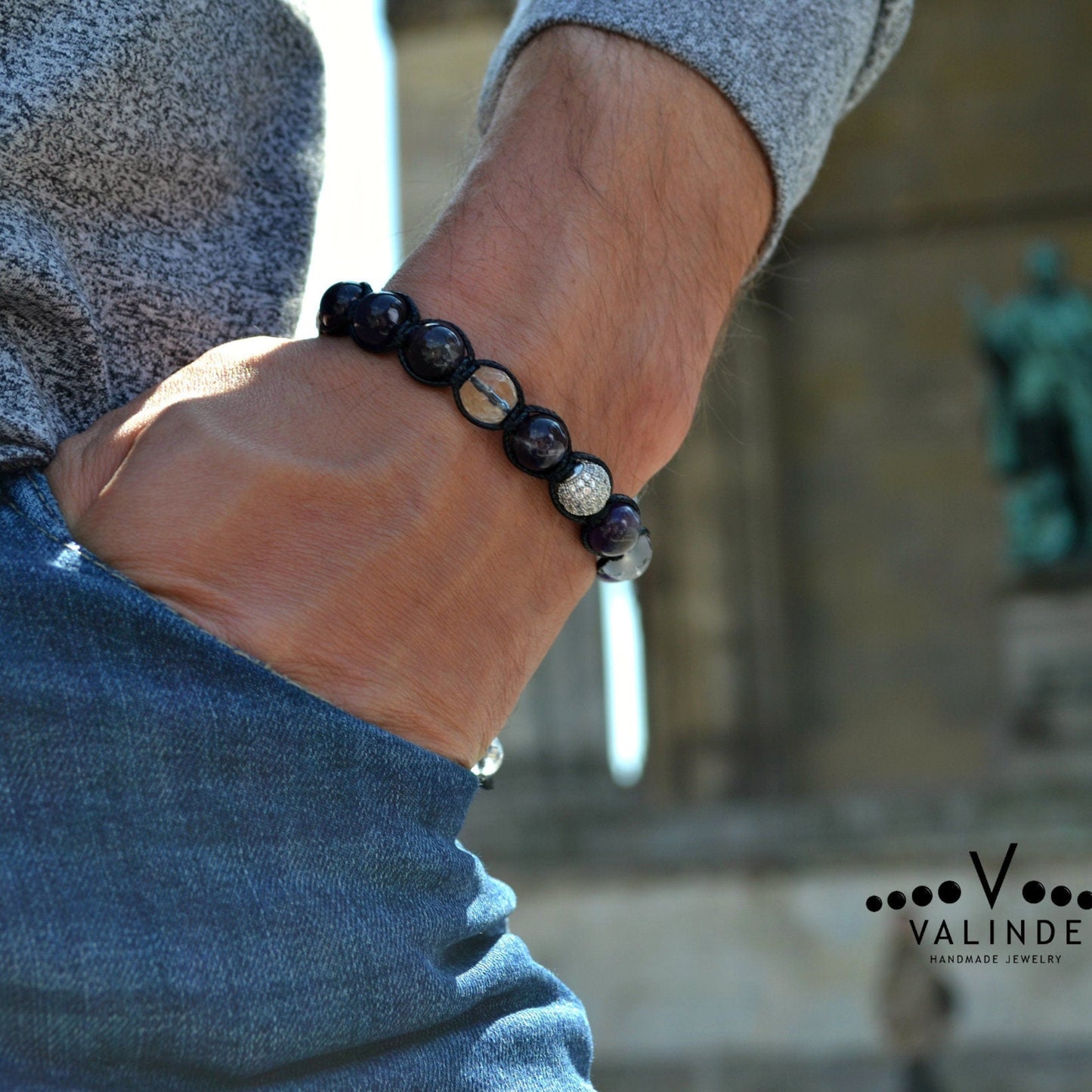 Amethyst and Rock Crystal Men's Bracelet, Genuine Purple Stone Jewelry, Protection Bracelet, Crystal Gift for Him, February Birthstone, Protection Bracelet gift for Him, Stainless Steel Jewelry,Healing Crystal Bracelet, Masculine Strength Gift, Spiritual Protection, Gift for Men, Adjustable Braided Bracelet, Gift for Men, Adjustable Macrame Braided Gemstone Bracelet, Braided Adjustable Gemstone Bead Bracelet, Genuine Raw Stone Jewelry, Gift for Men, Adjustable Braided Macrame Bracelet, Gift for Men - Shamba