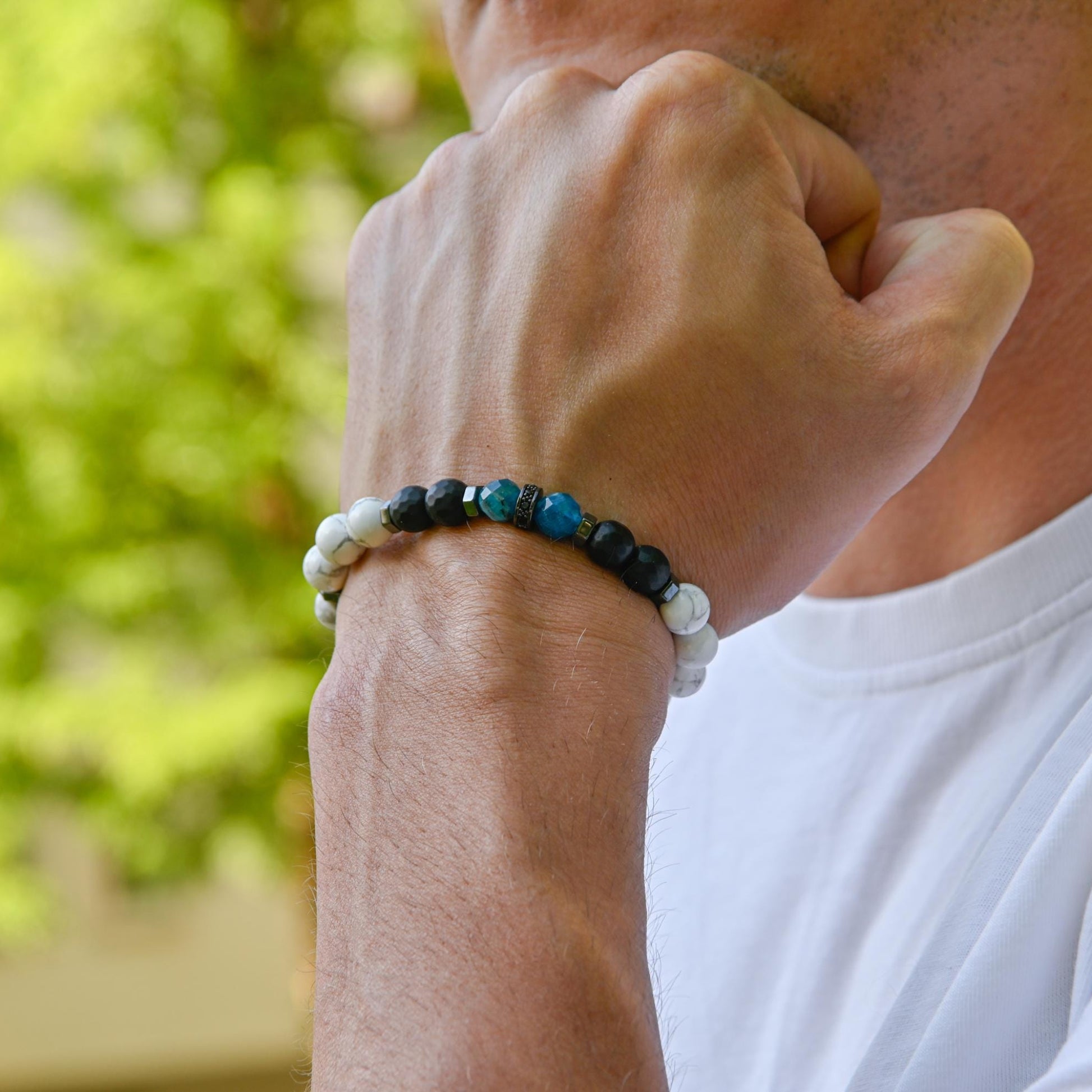 Men's Beaded Bracelet, Natural White Howlite Apatite Onyx Stone Jewelry, Adjustable Bracelet for Him, Healing Gemstone Gift, Father's Day Gift, Protection Bracelet, Crystal Gift for Him, February Birthstone, Protection Bracelet gift for Him, Stainless Steel Jewelry,Healing Crystal Bracelet, Masculine Strength Gift, Spiritual Protection, Gift for Men, Adjustable Braided Bracelet, Gift for Men, Adjustable Macrame Braided Gemstone Bracelet, Braided Adjustable Gemstone Bead Bracelet, Genuine Raw Stone Jewelry, 
