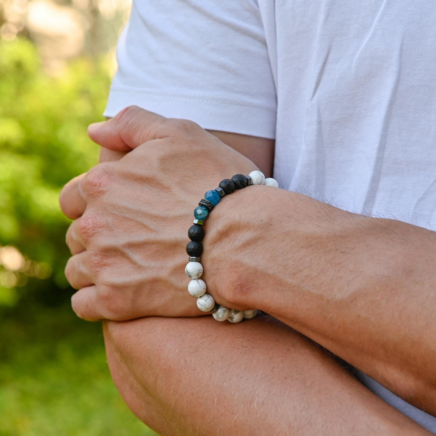 Men's Beaded Bracelet, Natural White Howlite Apatite Onyx Stone Jewelry, Adjustable Bracelet for Him, Healing Gemstone Gift, Father's Day Gift, Protection Bracelet, Crystal Gift for Him, February Birthstone, Protection Bracelet gift for Him, Stainless Steel Jewelry,Healing Crystal Bracelet, Masculine Strength Gift, Spiritual Protection, Gift for Men, Adjustable Braided Bracelet, Gift for Men, Adjustable Macrame Braided Gemstone Bracelet, Braided Adjustable Gemstone Bead Bracelet, Genuine Raw Stone Jewelry, 