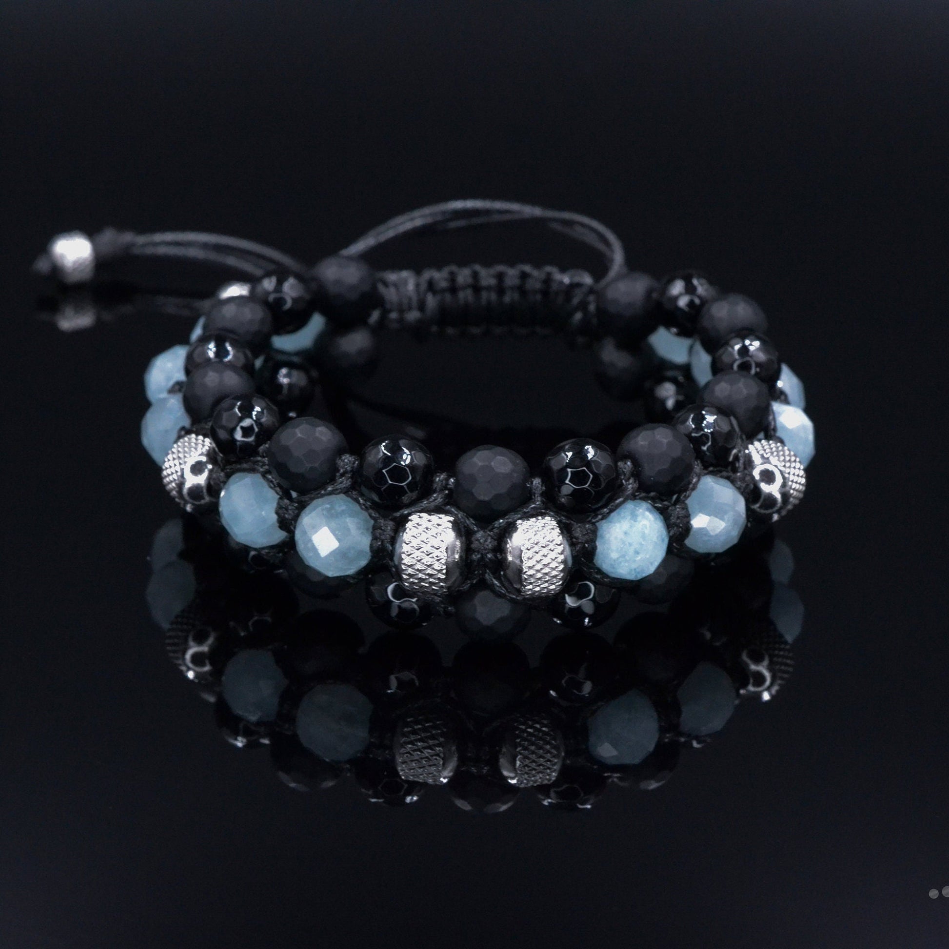 Men's Aquamarine Triple Bracelet - Black Onyx Agate Crystal Bracelet - Gift for Men - Adjustable Macrame Bracelet - Three Row Bracelet - Shamballa Bracelet - Birthstone Bracelet - Gemstone Bracelet Men - Chakra Bracelet - Macrame Bracelet - Healing Bracelet - Valinde