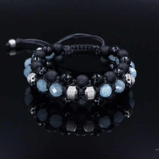 Men's Aquamarine Triple Bracelet - Black Onyx Agate Crystal Bracelet - Gift for Men - Adjustable Macrame Bracelet - Three Row Bracelet - Shamballa Bracelet - Birthstone Bracelet - Gemstone Bracelet Men - Chakra Bracelet - Macrame Bracelet - Healing Bracelet - Valinde