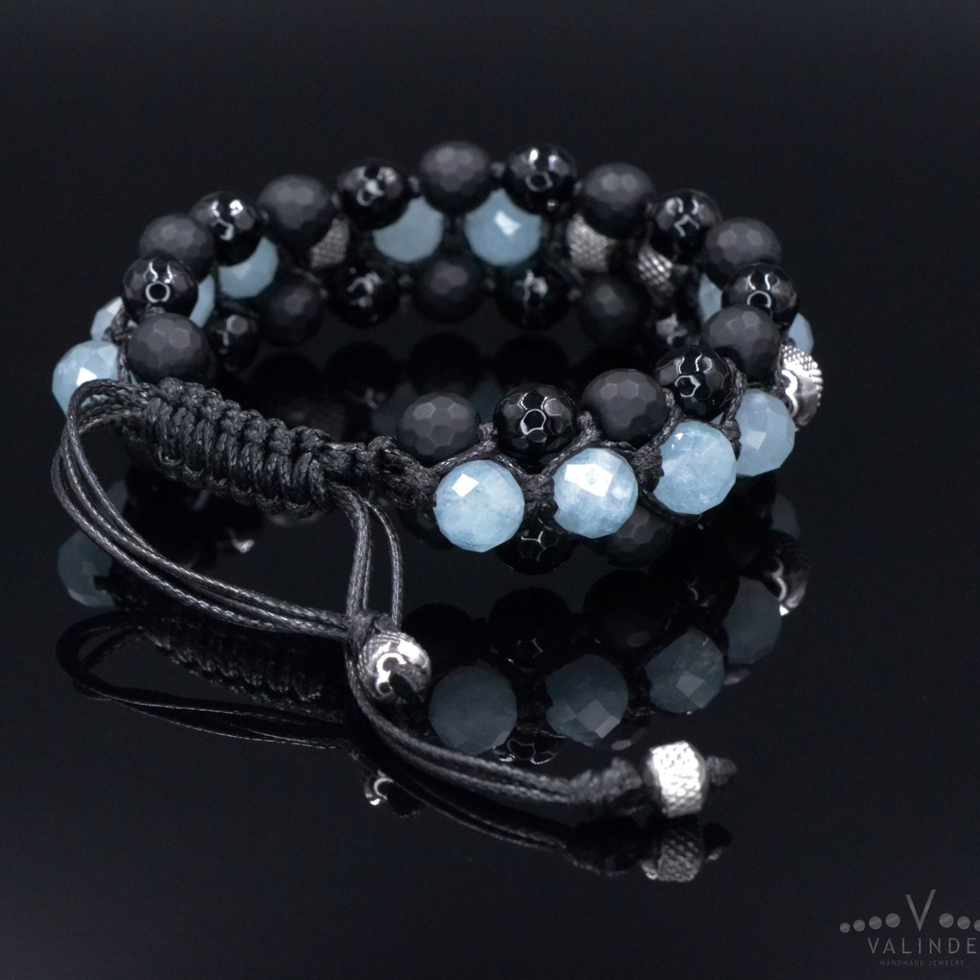 Men's Aquamarine Triple Bracelet - Black Onyx Agate Crystal Bracelet - Gift for Men - Adjustable Macrame Bracelet - Three Row Bracelet - Shamballa Bracelet - Birthstone Bracelet - Gemstone Bracelet Men - Chakra Bracelet - Macrame Bracelet - Healing Bracelet - Valinde
