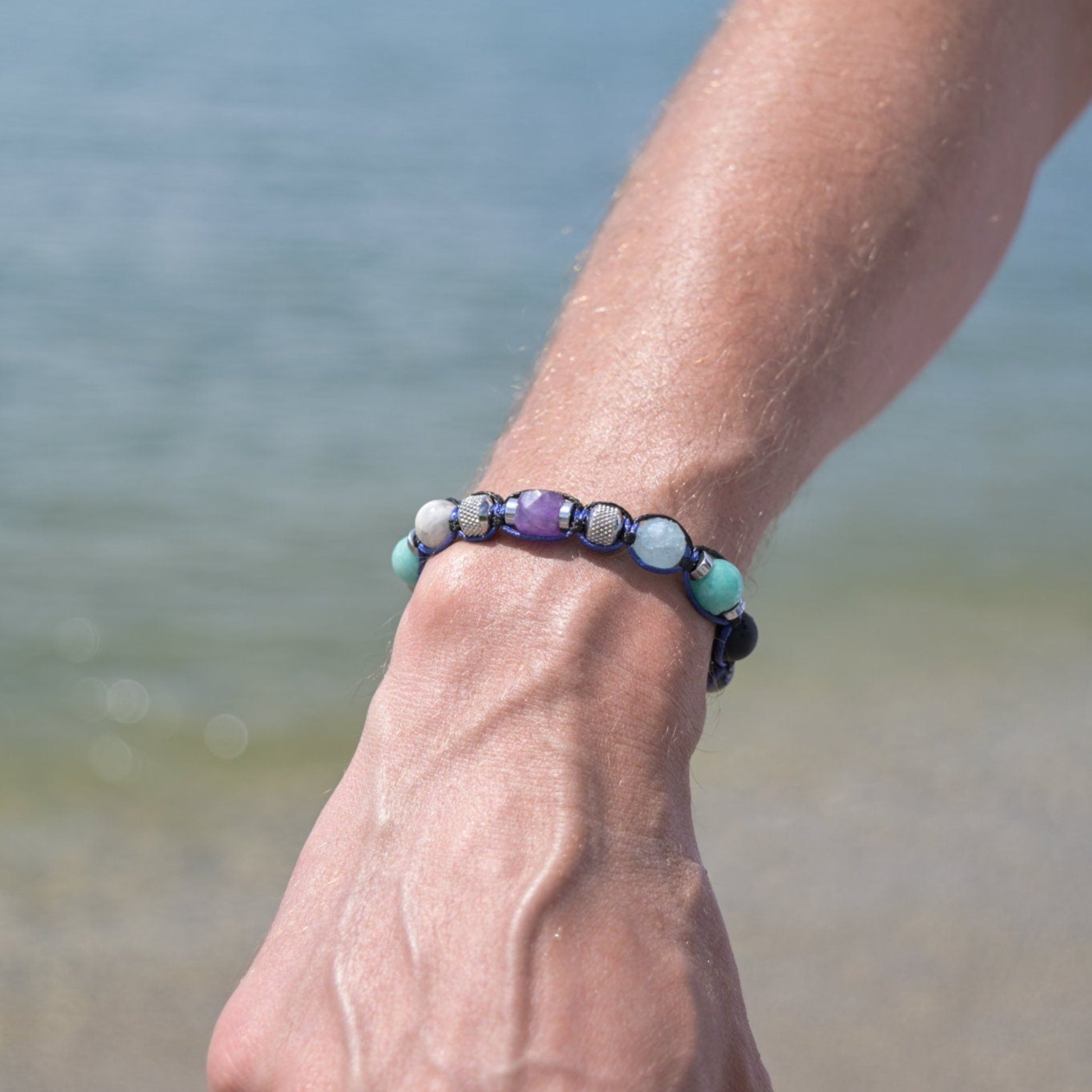 Amethyst Aquamarine Amazonite Adjustable Bracelet, Men's Crystal Bracelet, Steel Beaded Bracelet, Summer Bracelet Men, Onyx Bracelet - - Shamballa Bracelet - Birthstone Bracelet - Gemstone Bracelet Men - Chakra Bracelet
