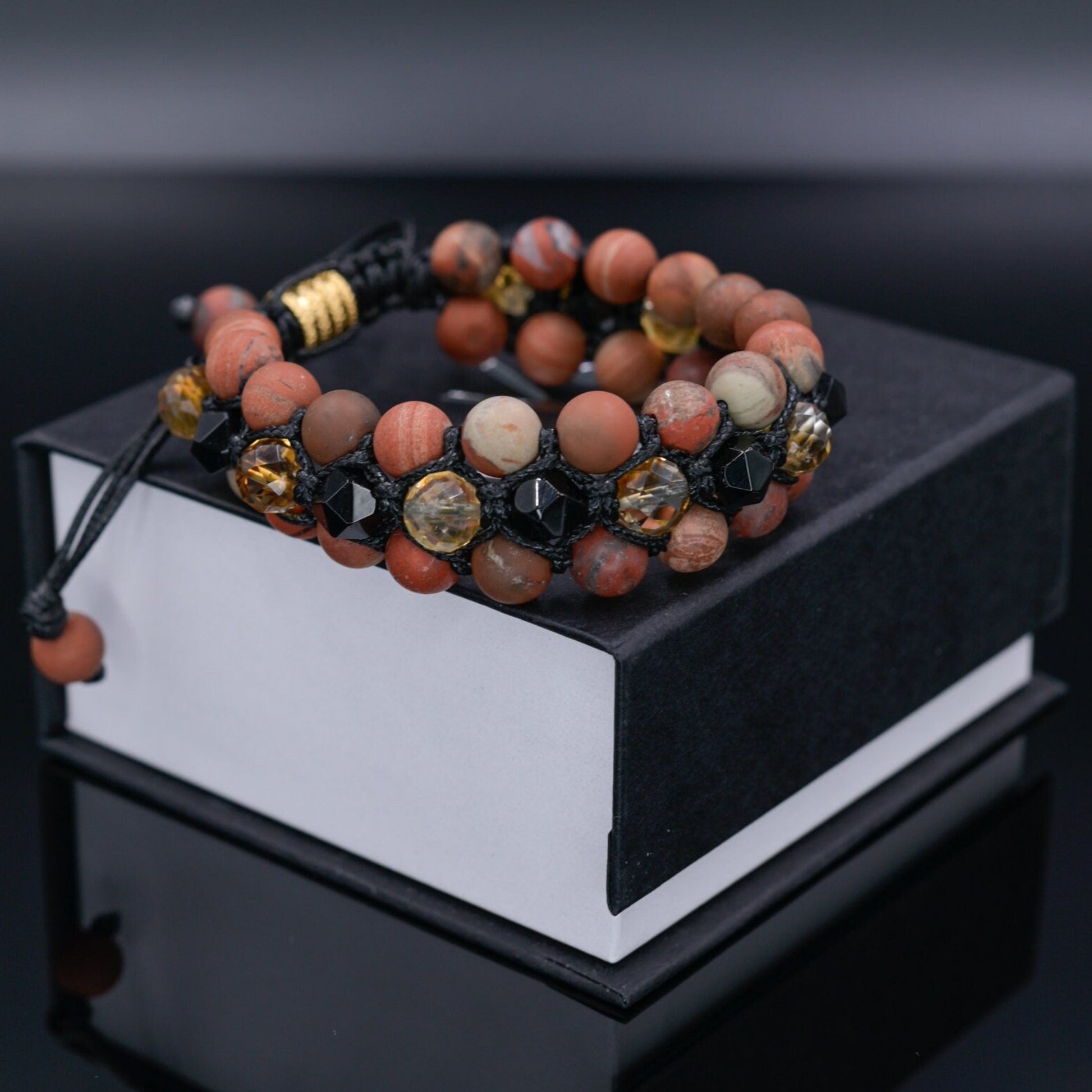 Red Jasper Citrine Agate Bracelet, Men's Triple Row Braided Bracelet, Father's Day Gift, Macrame Adjustable Beaded Bracelet, 3 Row Bracelet -  Shamballa Bracelet  -  Birthstone Bracelet - Gemstone Bracelet Men - Chakra Bracelet - Macrame Bracelet - Healing Bracelet - Valinde
