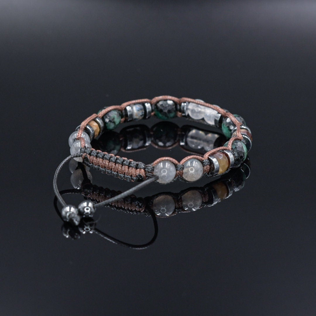 Emerald Moonstone Adjustable Bracelet, Men's Labradorite Crystal Beaded Bracelet, Gift for Men, Jasper Bracelet, Gemstone Braided Bracelet  - Shamballa Bracelet - Birthstone Bracelet - Gemstone Bracelet Men - Chakra Bracelet - Macrame Bracelet - Healing Bracelet - Valinde