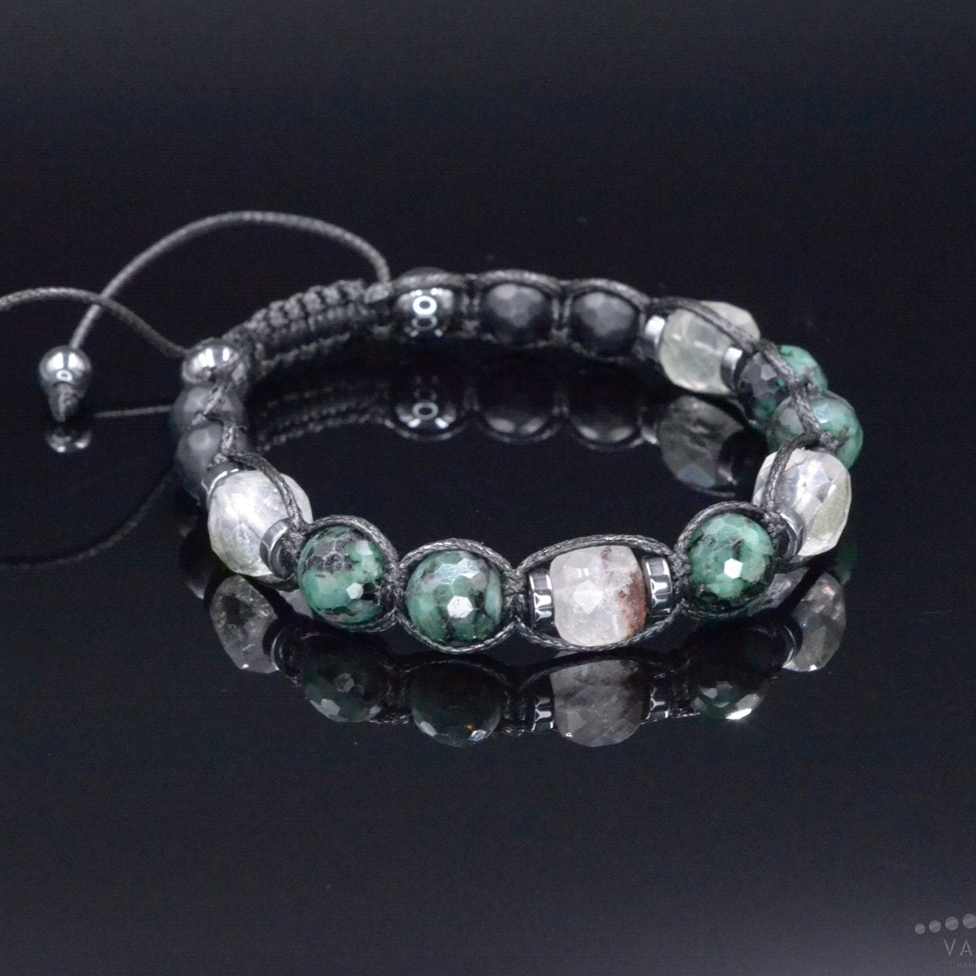Genuine Emerald Bracelet for Men - Men's Emerald Phantom Quartz Onyx Hematite Beads Bracelet - Gift for Men - Adjustable Braided Bracelet  - Shamballa Bracelet - Birthstone Bracelet - Gemstone Bracelet Men - Chakra Bracelet - Macrame Bracelet - Healing Bracelet - Valinde
