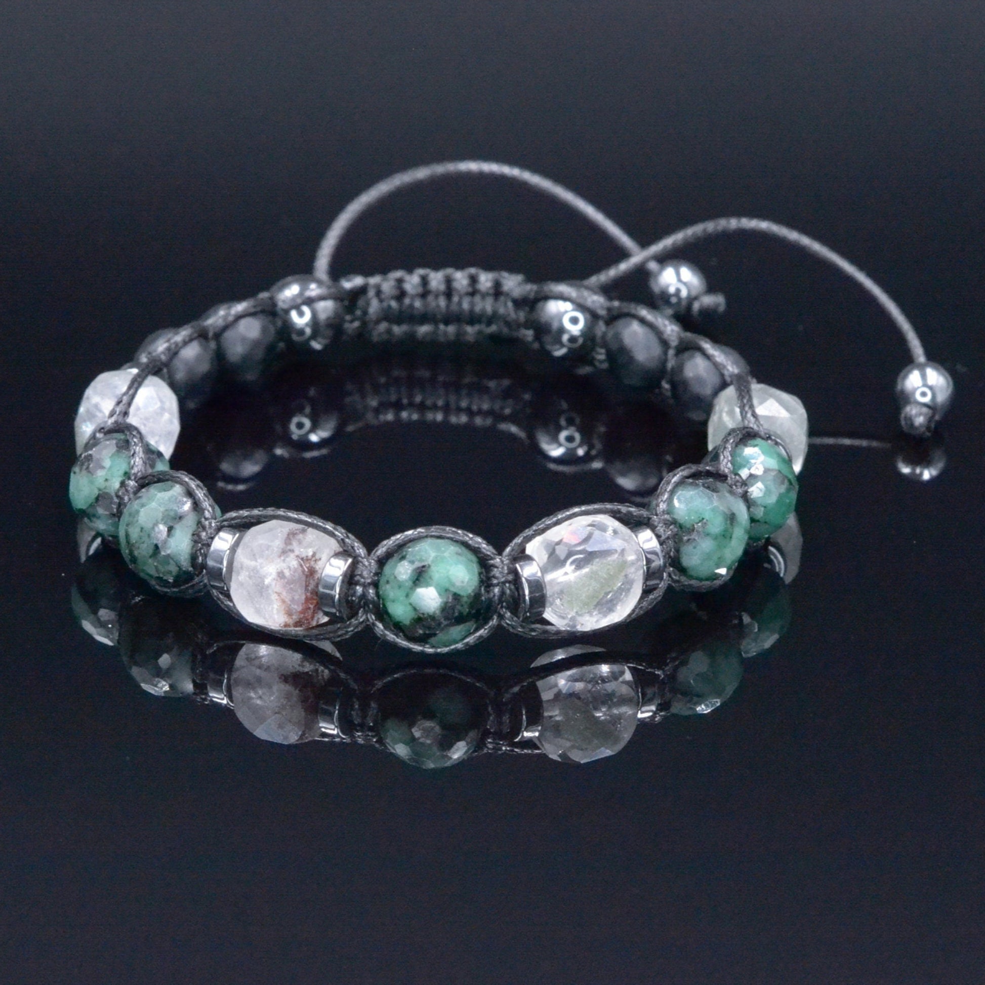 Genuine Emerald Bracelet for Men - Men's Emerald Phantom Quartz Onyx Hematite Beads Bracelet - Gift for Men - Adjustable Braided Bracelet  - Shamballa Bracelet - Birthstone Bracelet - Gemstone Bracelet Men - Chakra Bracelet - Macrame Bracelet - Healing Bracelet - Valinde
