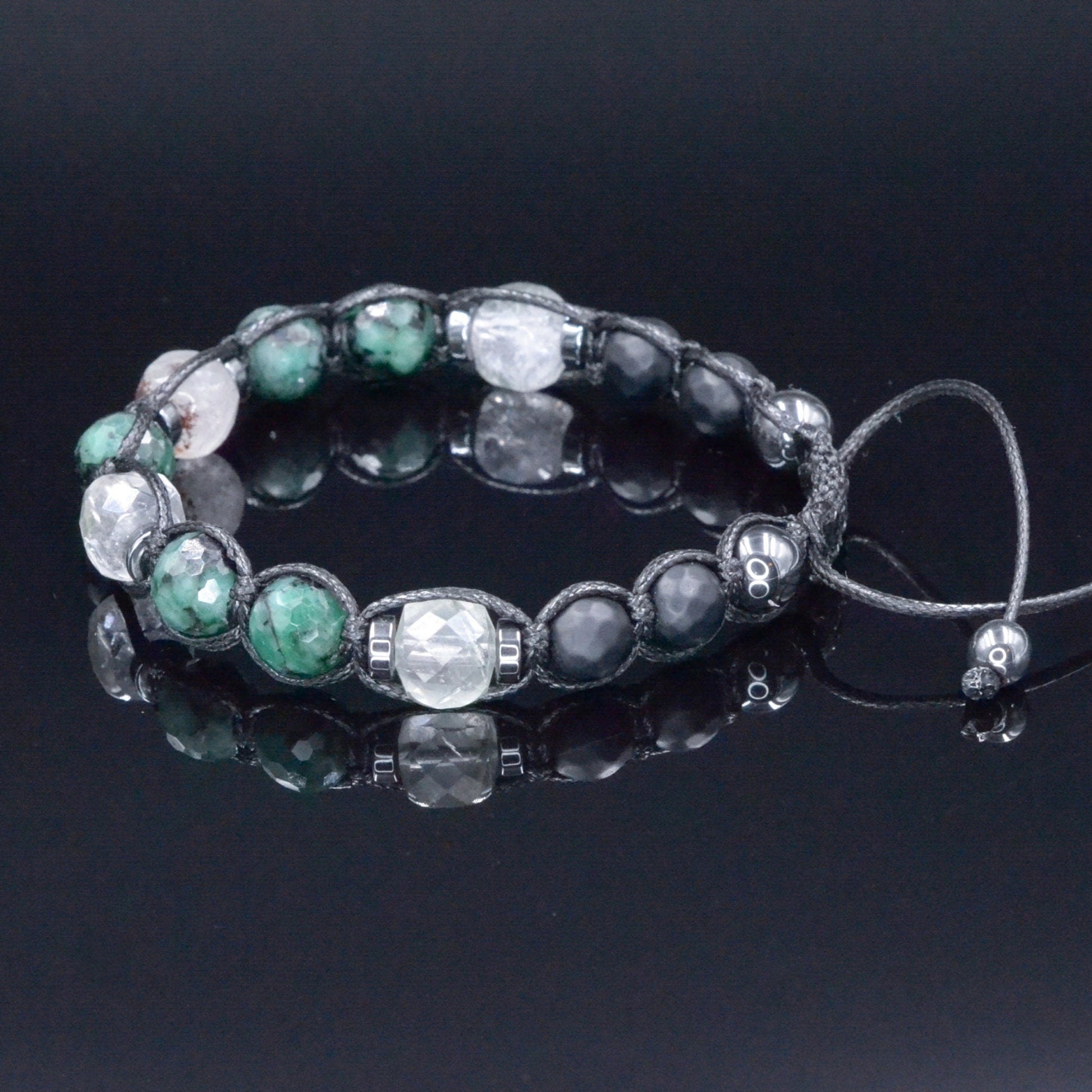 Genuine Emerald Bracelet for Men - Men's Emerald Phantom Quartz Onyx Hematite Beads Bracelet - Gift for Men - Adjustable Braided Bracelet  - Shamballa Bracelet - Birthstone Bracelet - Gemstone Bracelet Men - Chakra Bracelet - Macrame Bracelet - Healing Bracelet - Valinde
