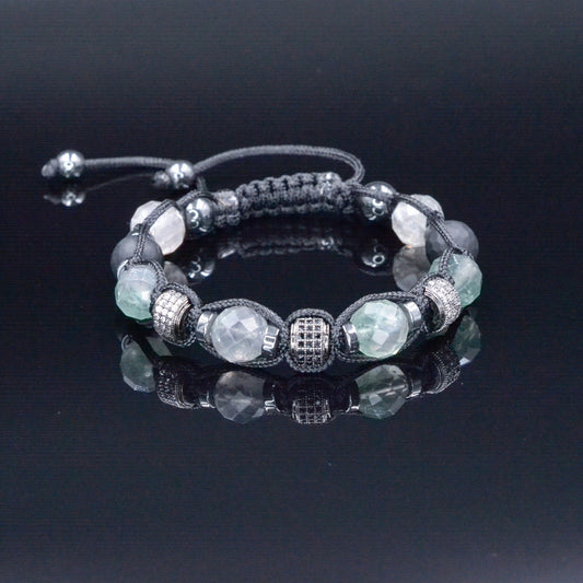 Fluorite Crystal Bracelet for Men - Men's Onyx Hematite Beaded Bracelet - Gift for Men - Adjustable CZ Braided Bracelet - Macrame Bracelet - Shamballa Bracelet - Birthstone Bracelet - Gemstone Bracelet Men - Chakra Bracelet