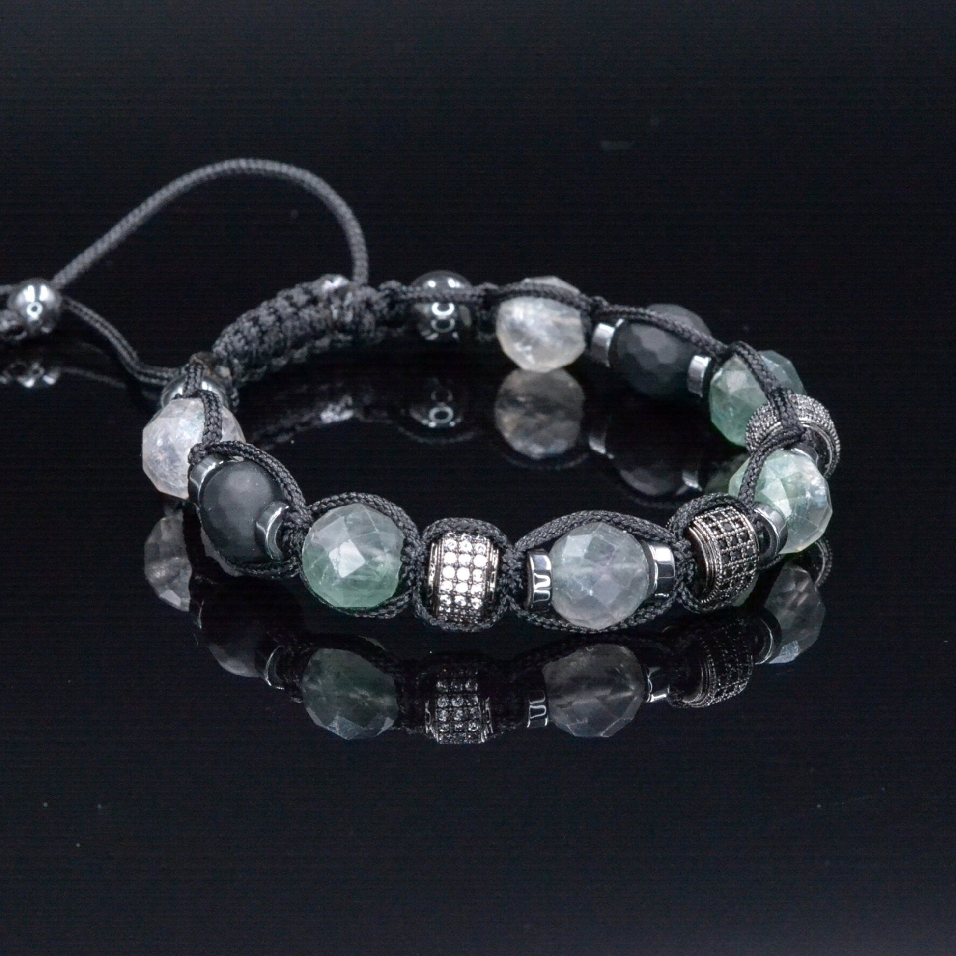 Fluorite Crystal Bracelet for Men - Men's Onyx Hematite Beaded Bracelet - Gift for Men - Adjustable CZ Braided Bracelet - Macrame Bracelet - Shamballa Bracelet - Birthstone Bracelet - Gemstone Bracelet Men - Chakra Bracelet