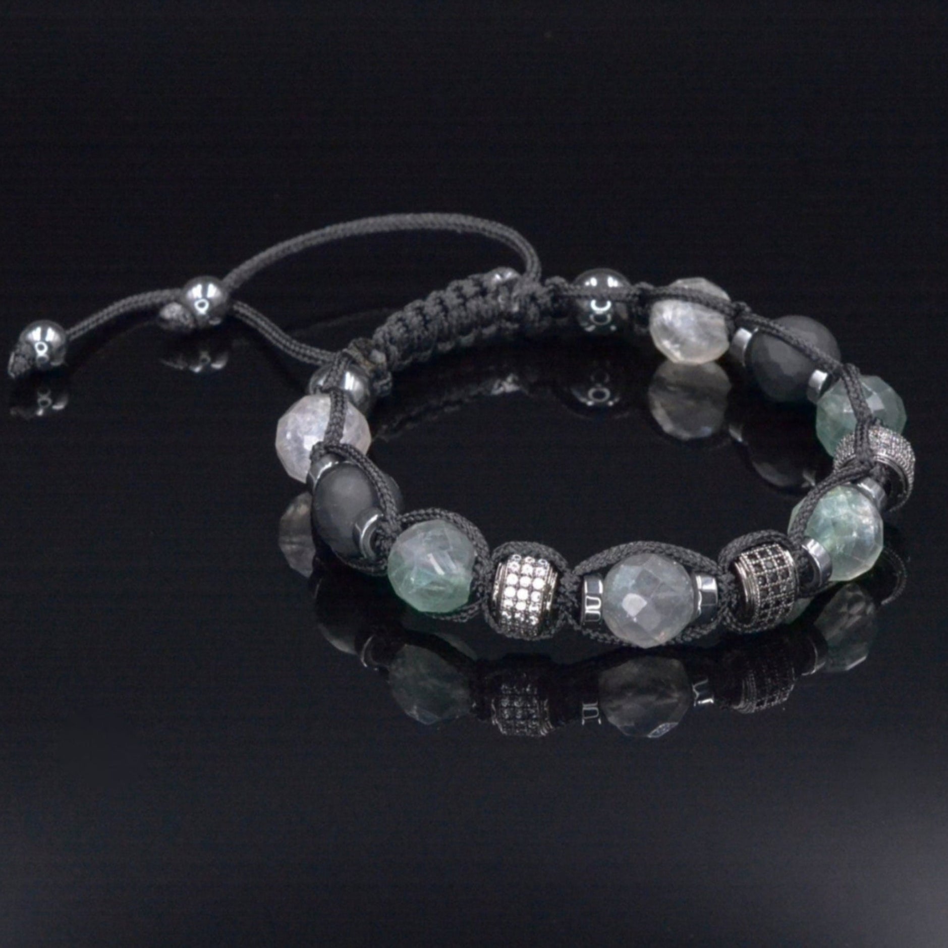 Fluorite Crystal Bracelet for Men - Men's Onyx Hematite Beaded Bracelet - Gift for Men - Adjustable CZ Braided Bracelet - Macrame Bracelet - Shamballa Bracelet - Birthstone Bracelet - Gemstone Bracelet Men - Chakra Bracelet