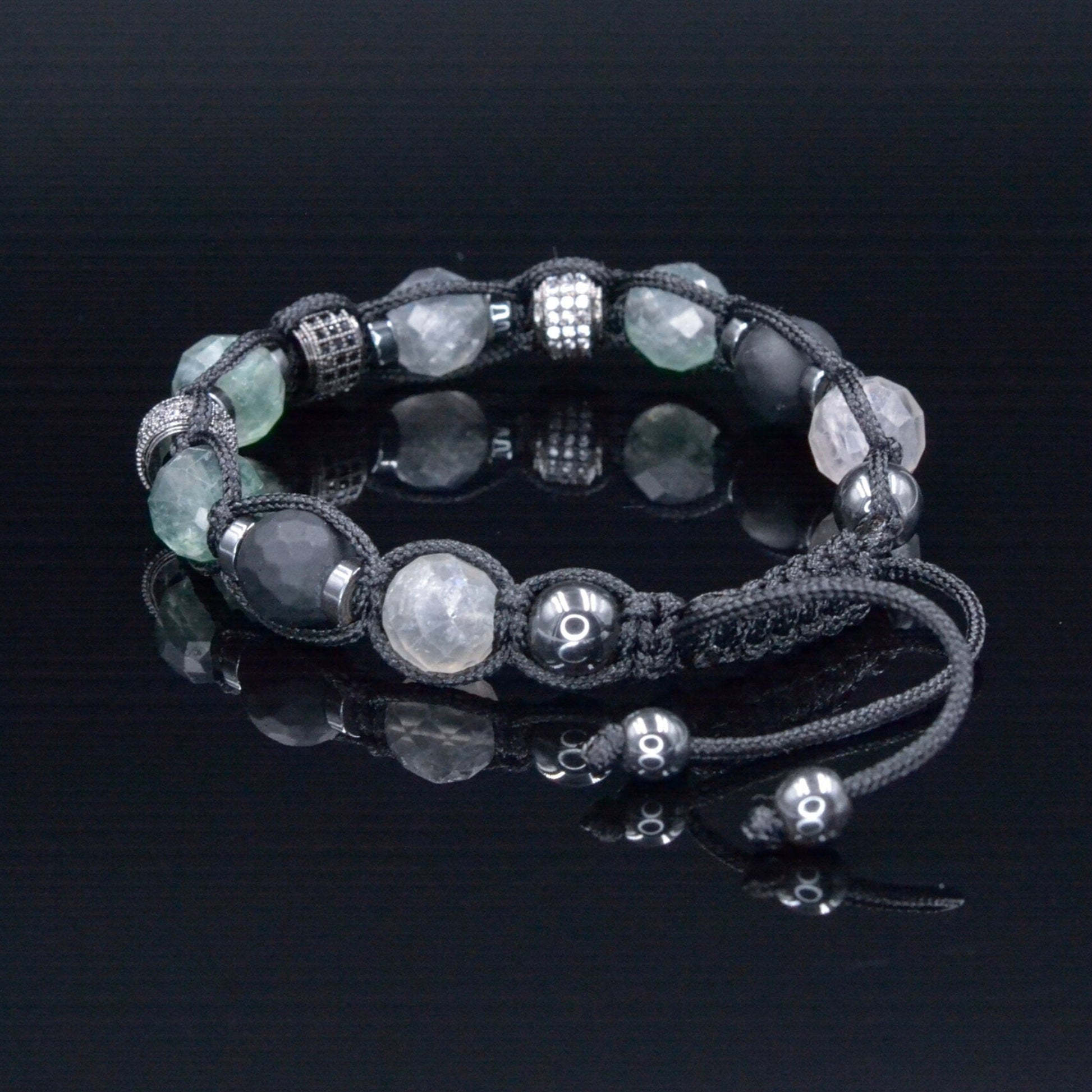 Fluorite Crystal Bracelet for Men - Men's Onyx Hematite Beaded Bracelet - Gift for Men - Adjustable CZ Braided Bracelet - Macrame Bracelet - Shamballa Bracelet - Birthstone Bracelet - Gemstone Bracelet Men - Chakra Bracelet