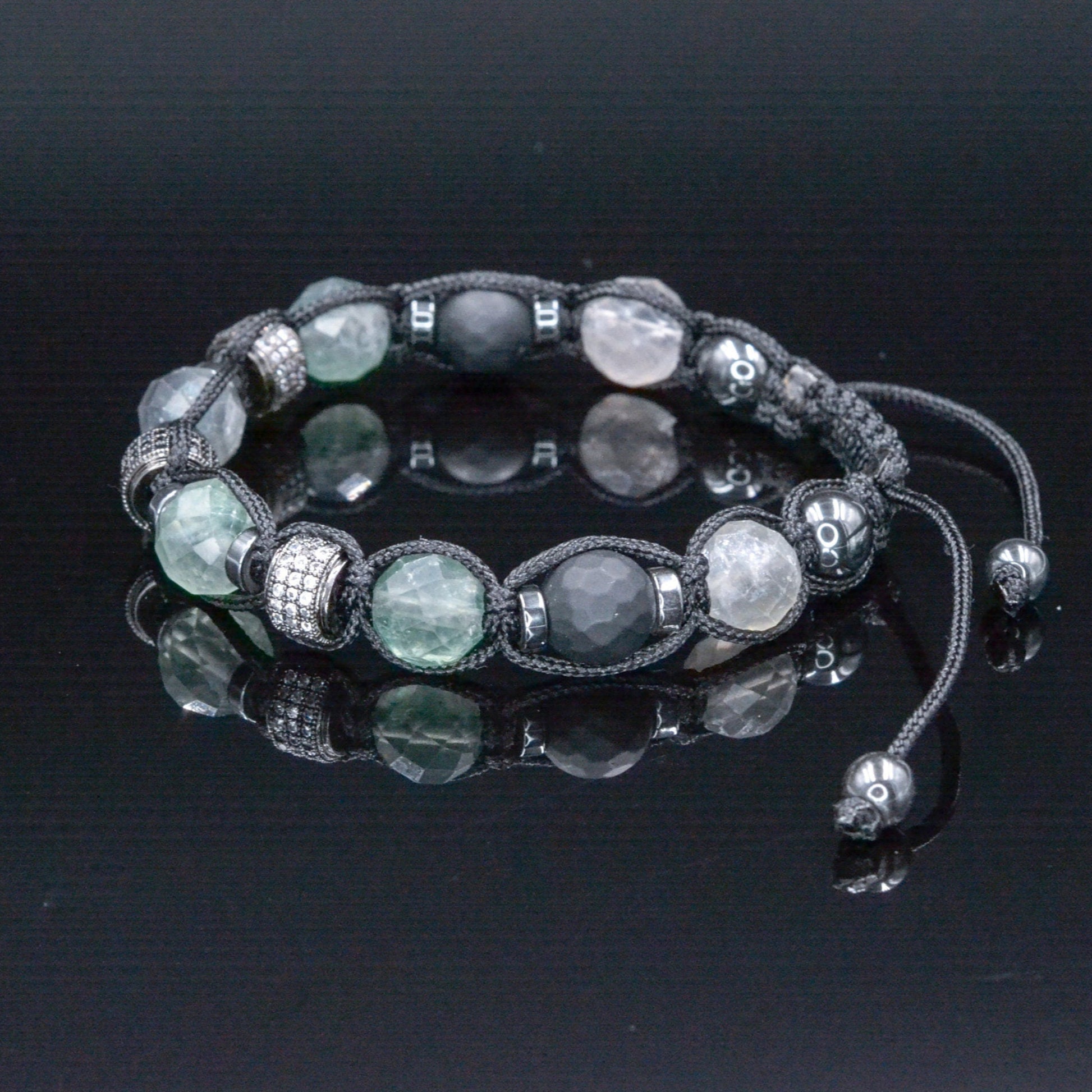 Fluorite Crystal Bracelet for Men - Men's Onyx Hematite Beaded Bracelet - Gift for Men - Adjustable CZ Braided Bracelet - Macrame Bracelet - Shamballa Bracelet - Birthstone Bracelet - Gemstone Bracelet Men - Chakra Bracelet