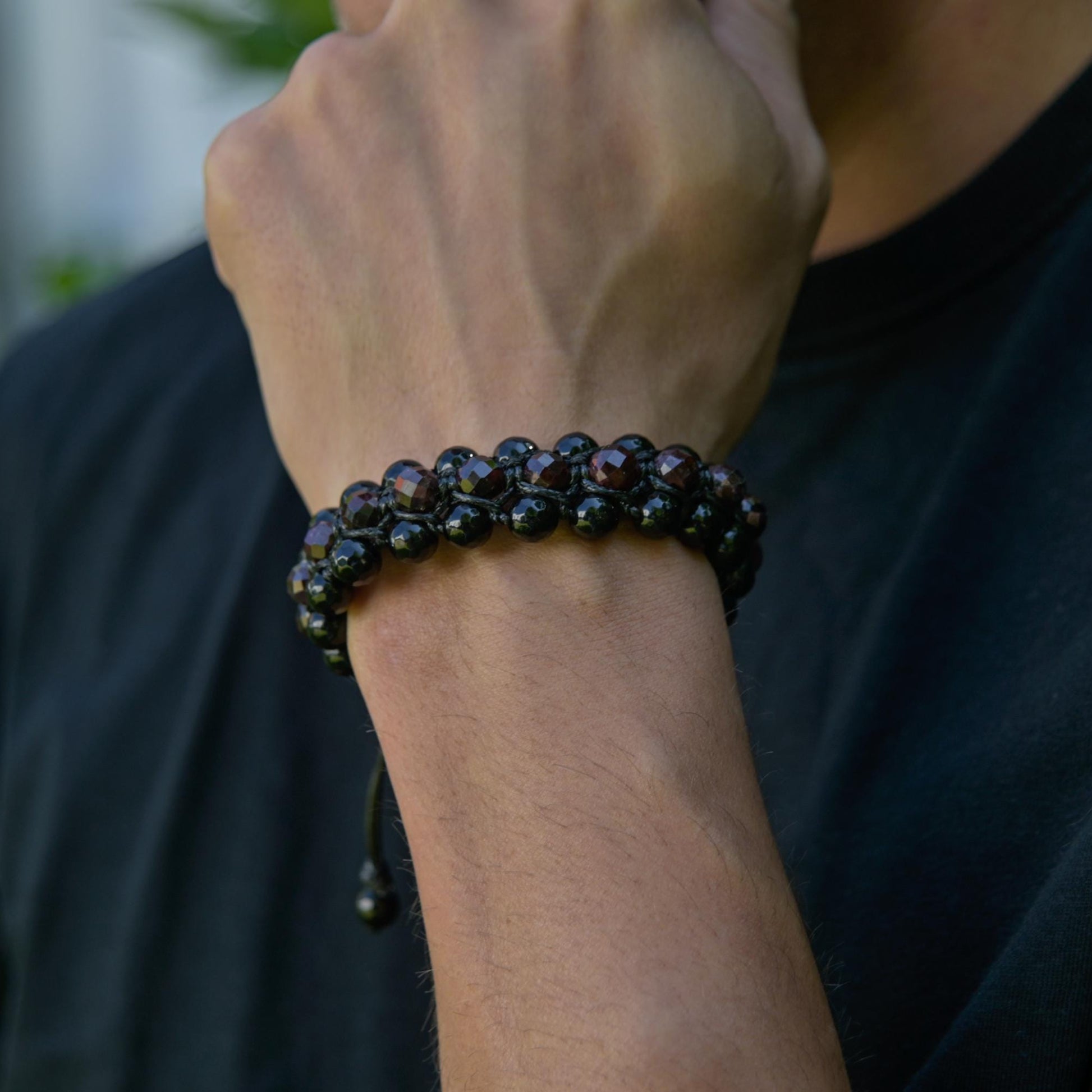 Men's Red Garnet Agate Protection Stone Bracelet, Gift for Men, Triple Row Adjustable Braided Bracelet -  Shamballa Bracelet  - Gift for Father - Yoga Bracelet  - Protection Bracelet - Birthstone Bracelet - Gemstone Bracelet Men - Chakra Bracelet - Macrame Bracelet - Healing Bracelet - Valinde
