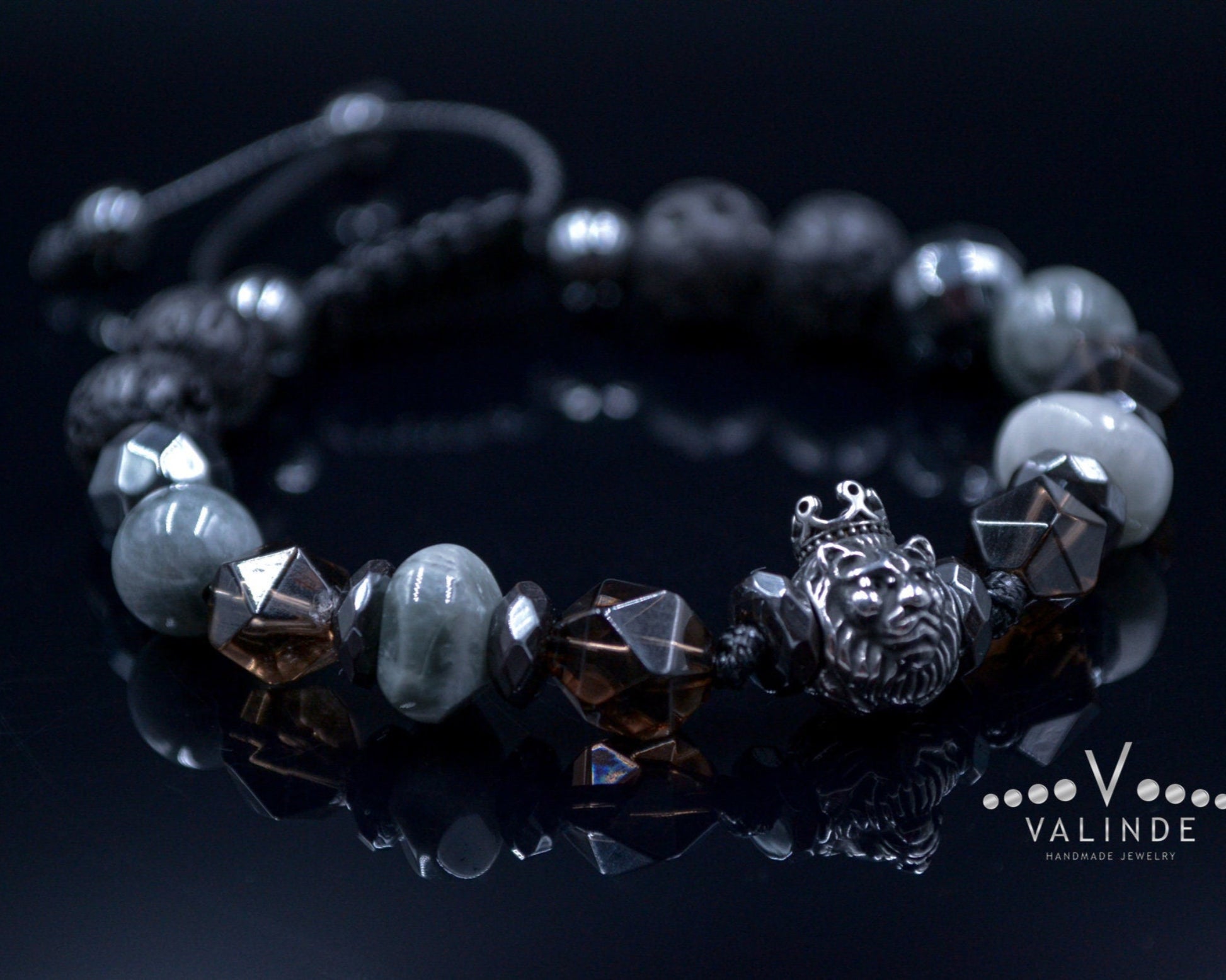 Men's Lion Bracelet Hawk's Eye and Hematite Beads Bracelet Steel Lion Head Bracelet Gift for Men Crystal Bracelet Adjustable Bracelet  - Shamballa Bracelet - Mantra Bracelet  -  Birthstone Bracelet - Gemstone Bracelet Men - Chakra Bracelet - Macrame Bracelet - Healing Bracelet - Valinde
