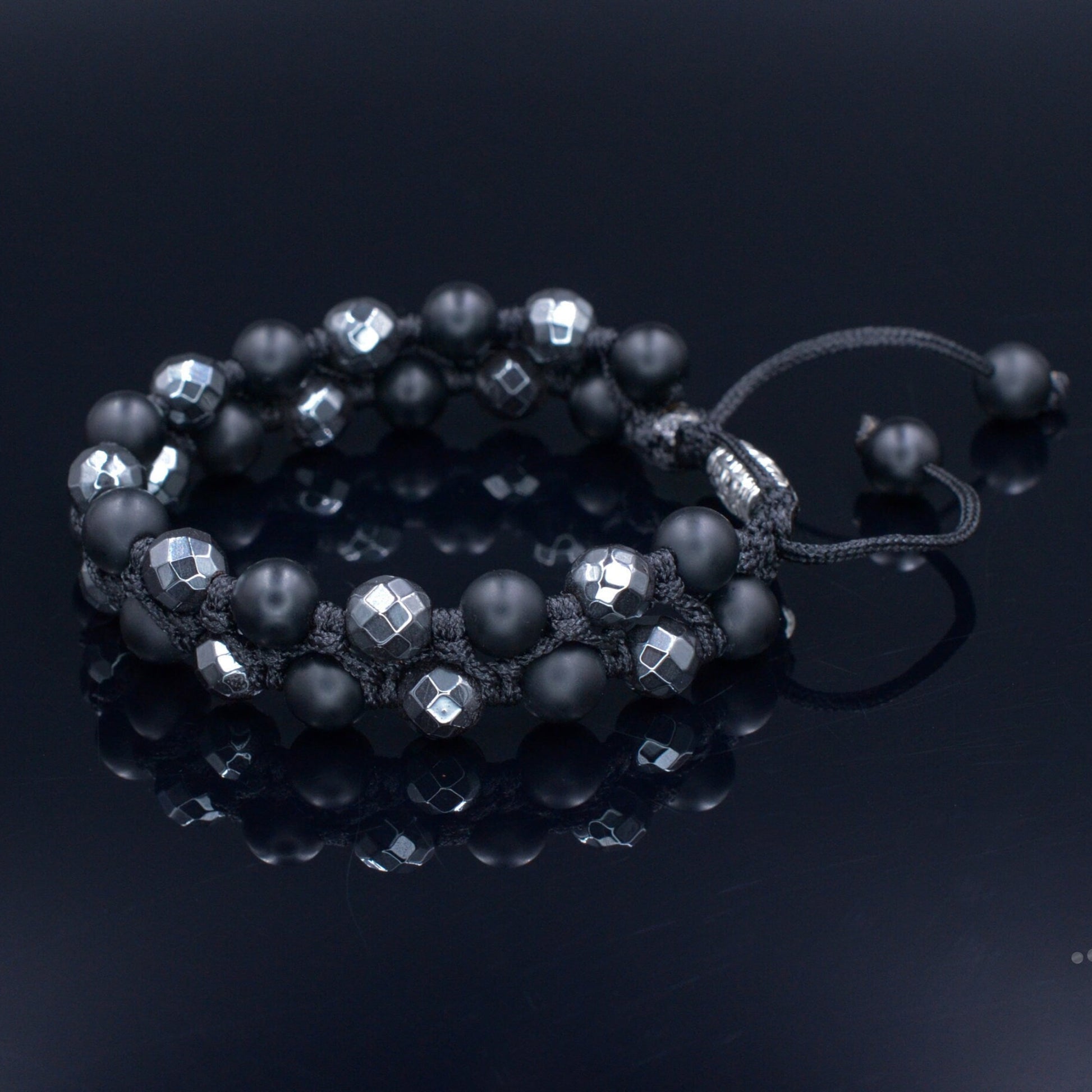 Men's Grey Hematite Bracelet Double Row Macrame Bracelet Black Onyx Beaded Bracelet Stone Bracelet Adjustable Bracelet Gift for Men  - Shamballa Bracelet - Birthstone Bracelet - Gemstone Bracelet Men - Chakra Bracelet - Macrame Bracelet - Healing Bracelet - Valinde
