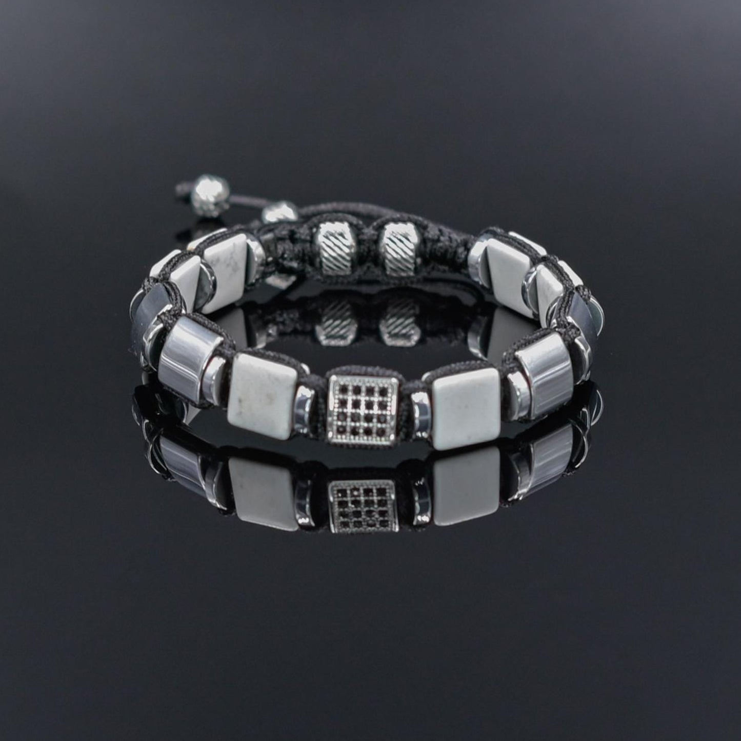 Men's White Howlite Hematite Steel Square Beads Bracelet, Braided Adjustable Bracelet, Gift for Men - Shamballa Bracelet - Mantra Bracelet  -  Yoga Bracelet -  Birthstone Bracelet - Gemstone Bracelet Men - Chakra Bracelet - Macrame Bracelet - Healing Bracelet - Gift for Father - Gift For Men - Valinde
