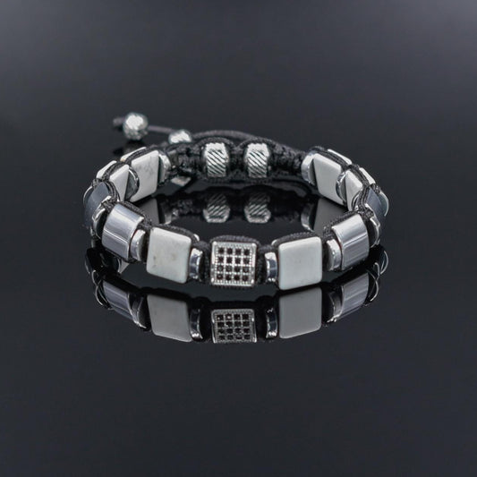 Men's White Howlite Hematite Steel Square Beads Bracelet, Braided Adjustable Bracelet, Gift for Men - Shamballa Bracelet - Mantra Bracelet  -  Yoga Bracelet -  Birthstone Bracelet - Gemstone Bracelet Men - Chakra Bracelet - Macrame Bracelet - Healing Bracelet - Gift for Father - Gift For Men - Valinde
