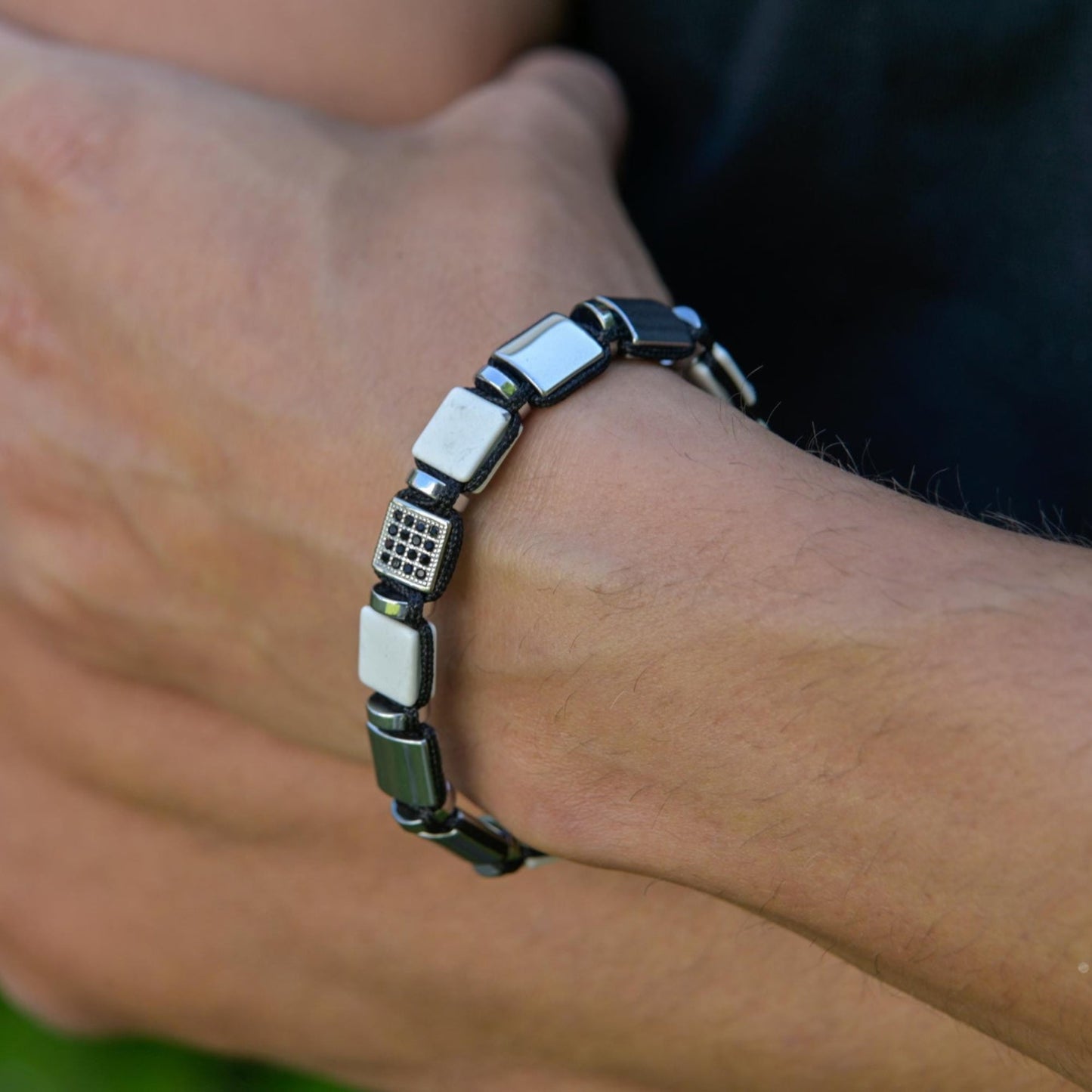 Men's White Howlite Hematite Steel Square Beads Bracelet, Braided Adjustable Bracelet, Gift for Men - Shamballa Bracelet - Mantra Bracelet  -  Yoga Bracelet -  Birthstone Bracelet - Gemstone Bracelet Men - Chakra Bracelet - Macrame Bracelet - Healing Bracelet - Gift for Father - Gift For Men - Valinde
