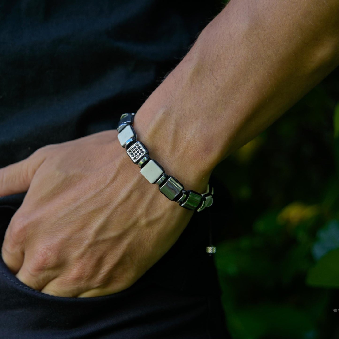 Men's White Howlite Hematite Steel Square Beads Bracelet, Braided Adjustable Bracelet, Gift for Men - Shamballa Bracelet - Mantra Bracelet  -  Yoga Bracelet -  Birthstone Bracelet - Gemstone Bracelet Men - Chakra Bracelet - Macrame Bracelet - Healing Bracelet - Gift for Father - Gift For Men - Valinde
