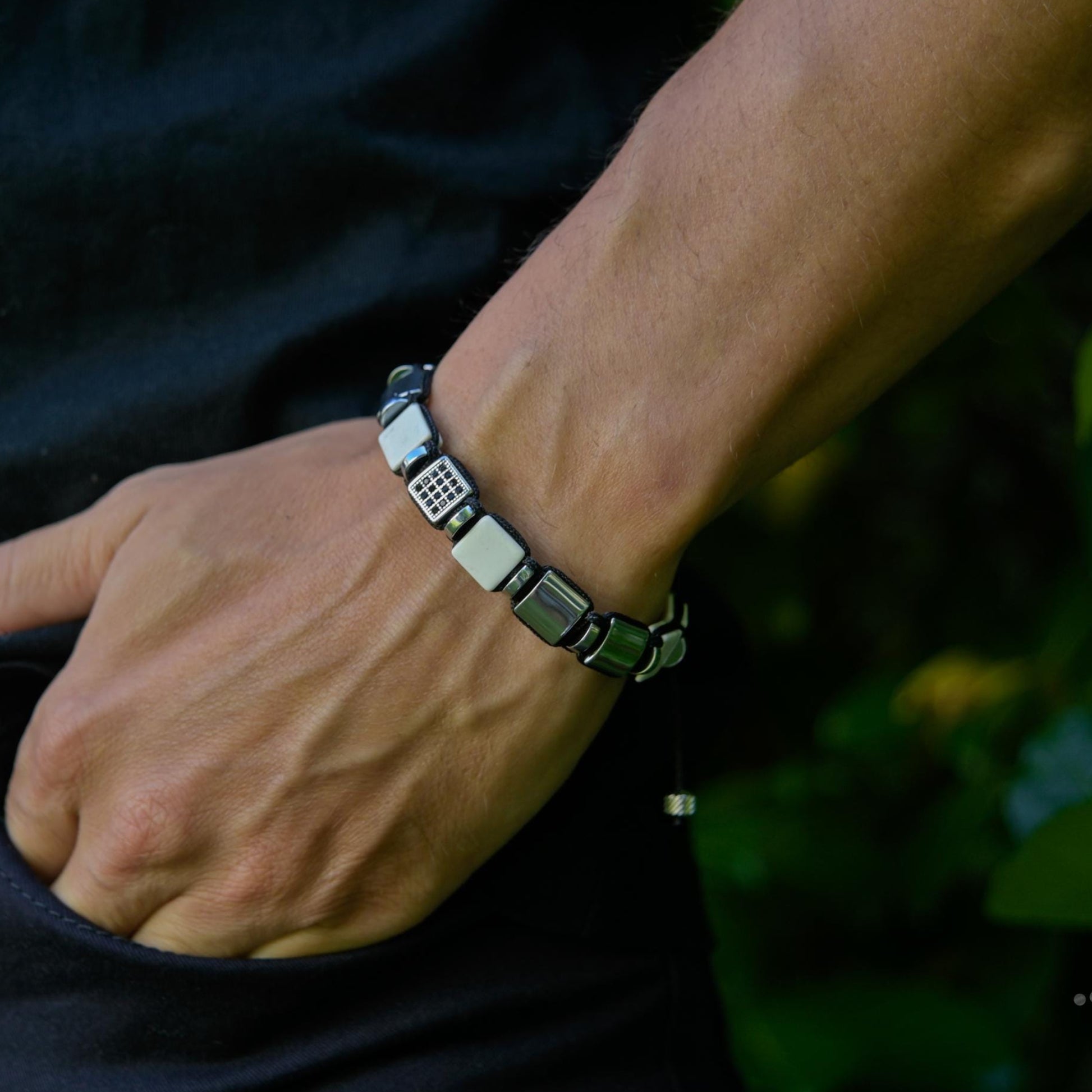 Men's White Howlite Hematite Steel Square Beads Bracelet, Braided Adjustable Bracelet, Gift for Men - Shamballa Bracelet - Mantra Bracelet  -  Yoga Bracelet -  Birthstone Bracelet - Gemstone Bracelet Men - Chakra Bracelet - Macrame Bracelet - Healing Bracelet - Gift for Father - Gift For Men - Valinde
