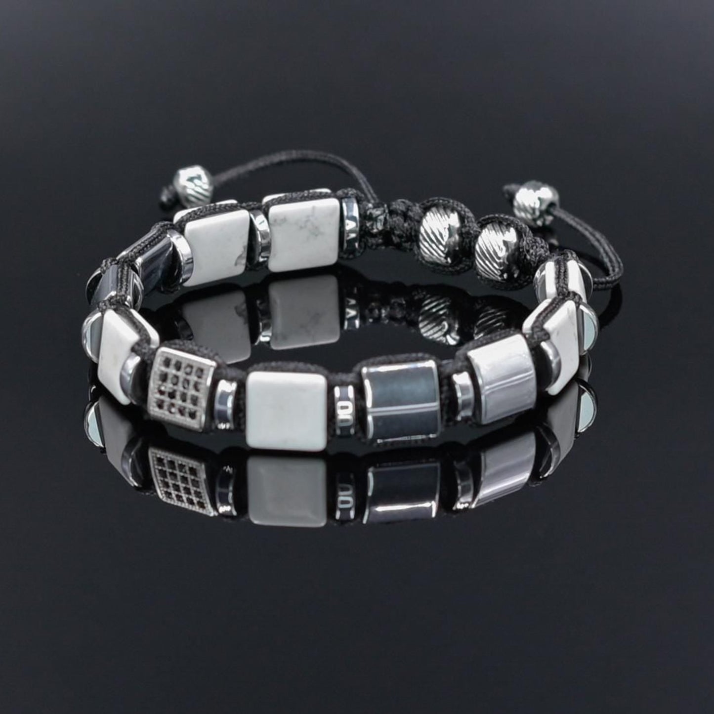 Men's White Howlite Hematite Steel Square Beads Bracelet, Braided Adjustable Bracelet, Gift for Men - Shamballa Bracelet - Mantra Bracelet  -  Yoga Bracelet -  Birthstone Bracelet - Gemstone Bracelet Men - Chakra Bracelet - Macrame Bracelet - Healing Bracelet - Gift for Father - Gift For Men - Valinde
