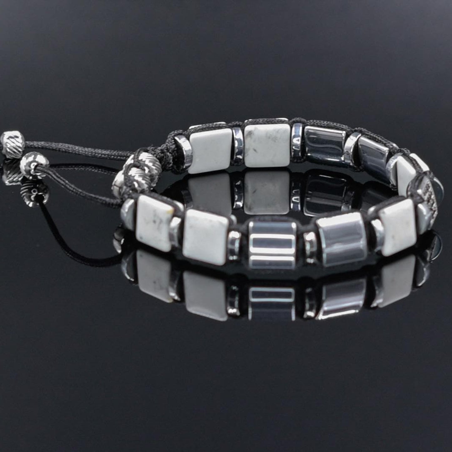 Men's White Howlite Hematite Steel Square Beads Bracelet, Braided Adjustable Bracelet, Gift for Men - Shamballa Bracelet - Mantra Bracelet  -  Yoga Bracelet -  Birthstone Bracelet - Gemstone Bracelet Men - Chakra Bracelet - Macrame Bracelet - Healing Bracelet - Gift for Father - Gift For Men - Valinde
