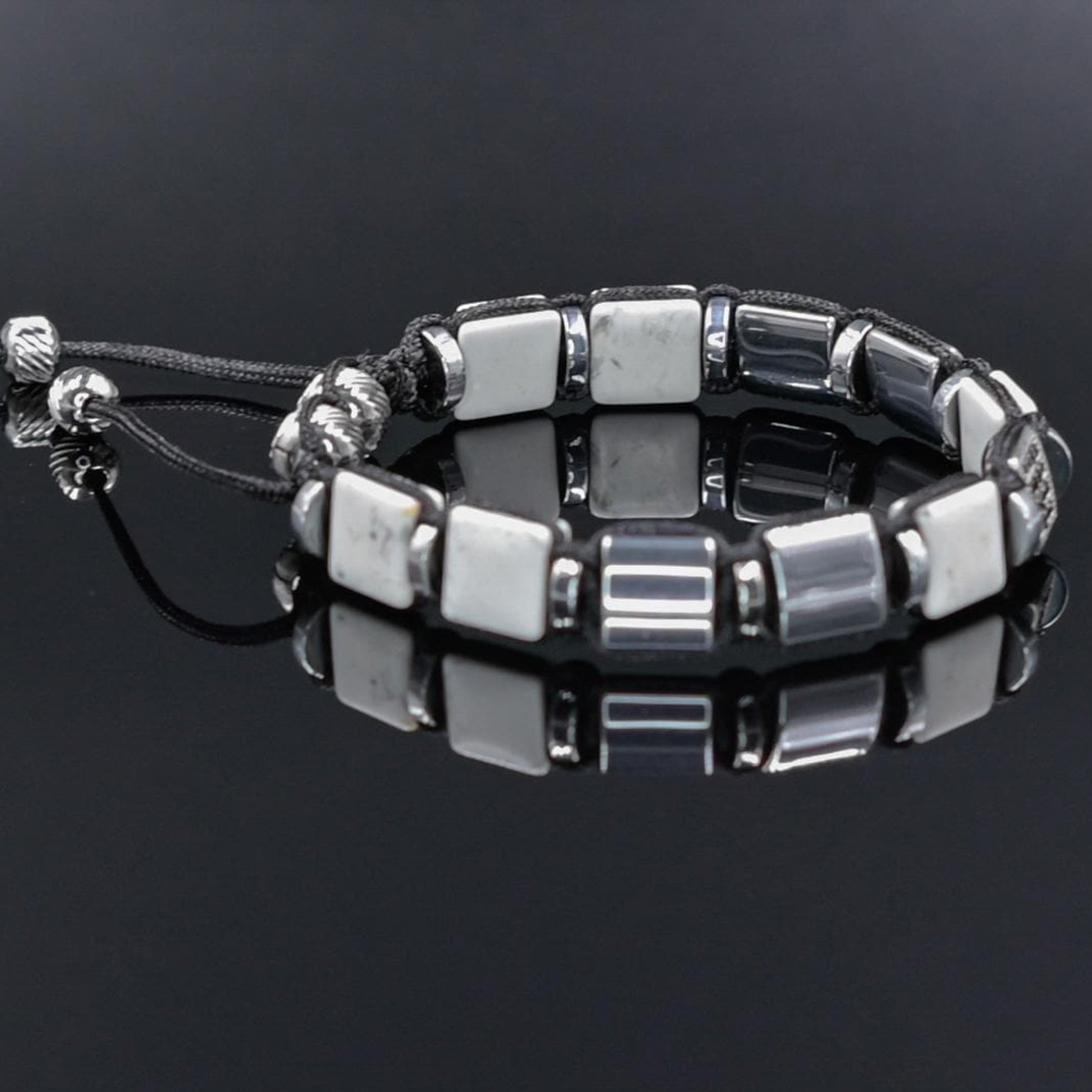 Men's White Howlite Hematite Steel Square Beads Bracelet, Braided Adjustable Bracelet, Gift for Men - Shamballa Bracelet - Mantra Bracelet  -  Yoga Bracelet -  Birthstone Bracelet - Gemstone Bracelet Men - Chakra Bracelet - Macrame Bracelet - Healing Bracelet - Gift for Father - Gift For Men - Valinde
