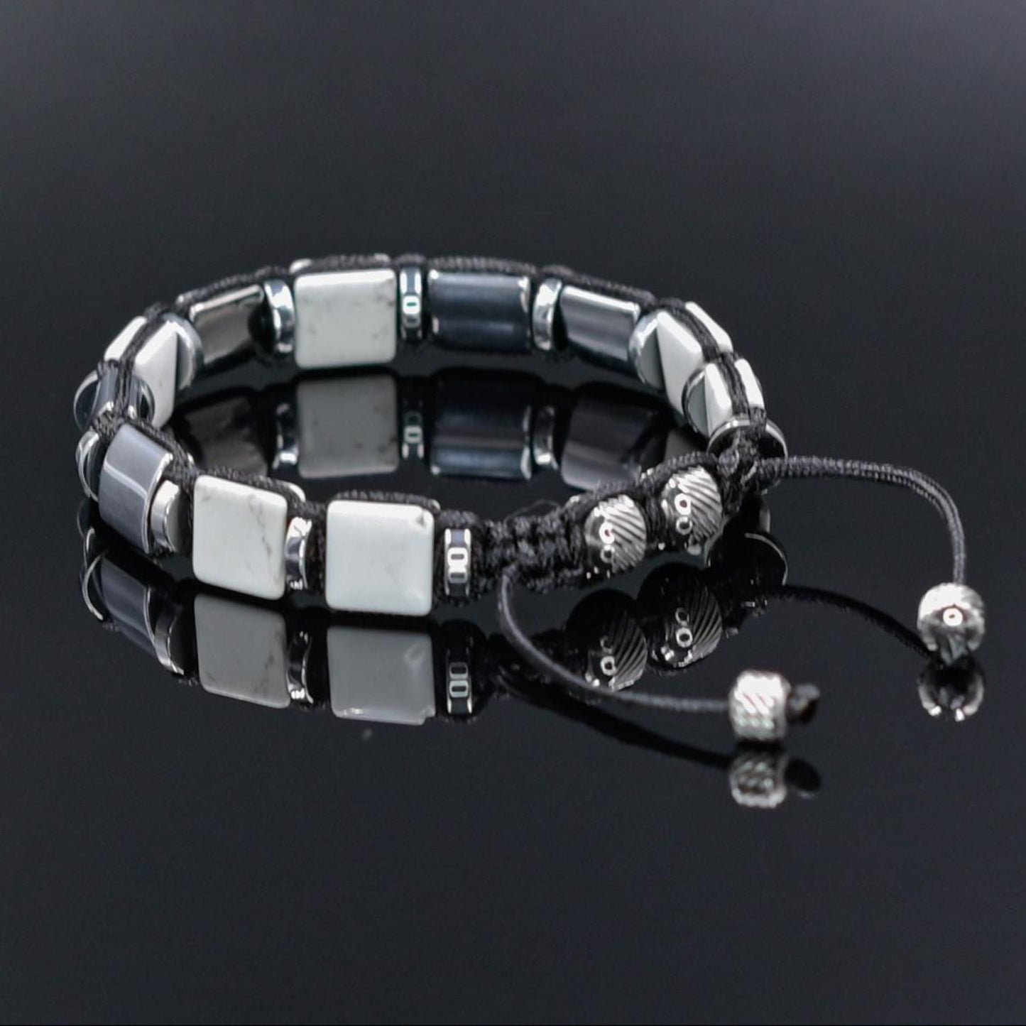 Men's White Howlite Hematite Steel Square Beads Bracelet, Braided Adjustable Bracelet, Gift for Men - Shamballa Bracelet - Mantra Bracelet  -  Yoga Bracelet -  Birthstone Bracelet - Gemstone Bracelet Men - Chakra Bracelet - Macrame Bracelet - Healing Bracelet - Gift for Father - Gift For Men - Valinde
