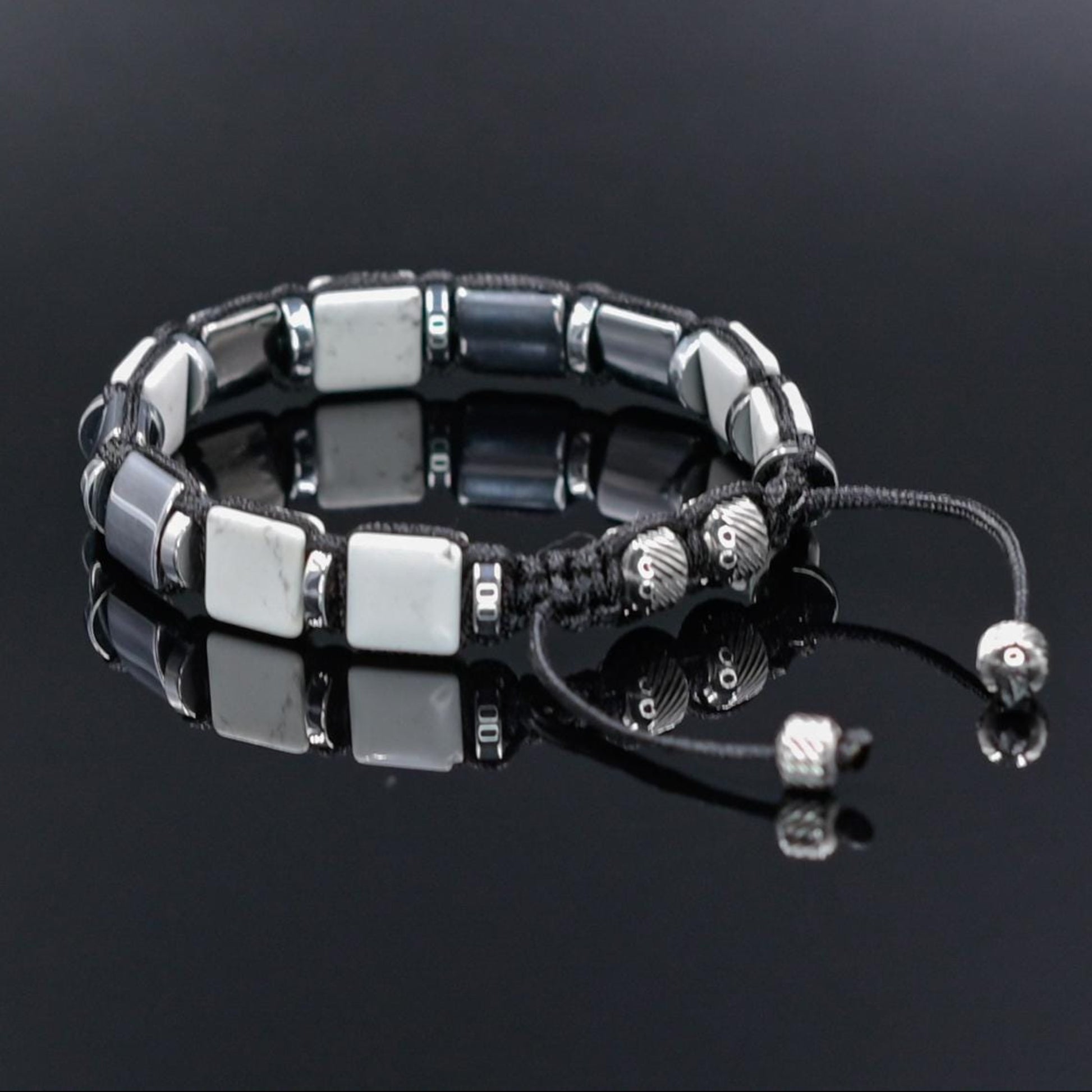 Men's White Howlite Hematite Steel Square Beads Bracelet, Braided Adjustable Bracelet, Gift for Men - Shamballa Bracelet - Mantra Bracelet  -  Yoga Bracelet -  Birthstone Bracelet - Gemstone Bracelet Men - Chakra Bracelet - Macrame Bracelet - Healing Bracelet - Gift for Father - Gift For Men - Valinde
