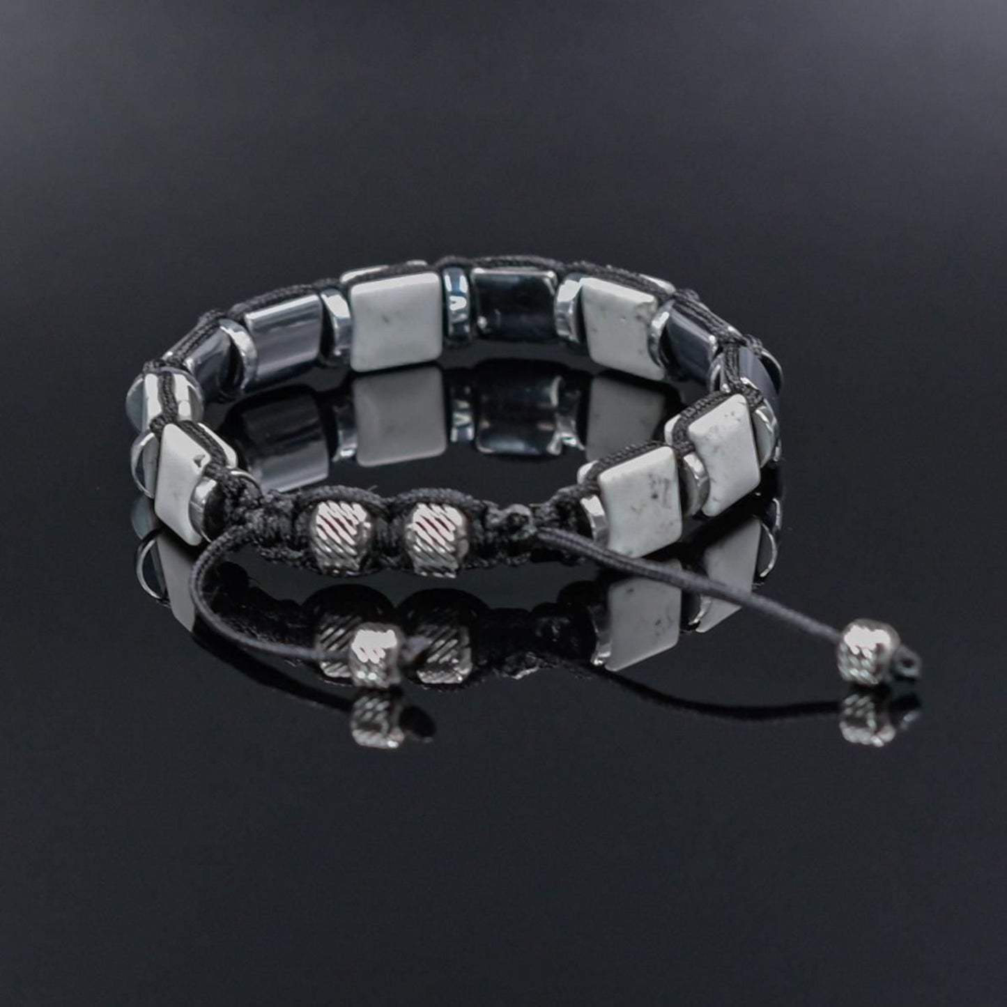 Men's White Howlite Hematite Steel Square Beads Bracelet, Braided Adjustable Bracelet, Gift for Men - Shamballa Bracelet - Mantra Bracelet  -  Yoga Bracelet -  Birthstone Bracelet - Gemstone Bracelet Men - Chakra Bracelet - Macrame Bracelet - Healing Bracelet - Gift for Father - Gift For Men - Valinde
