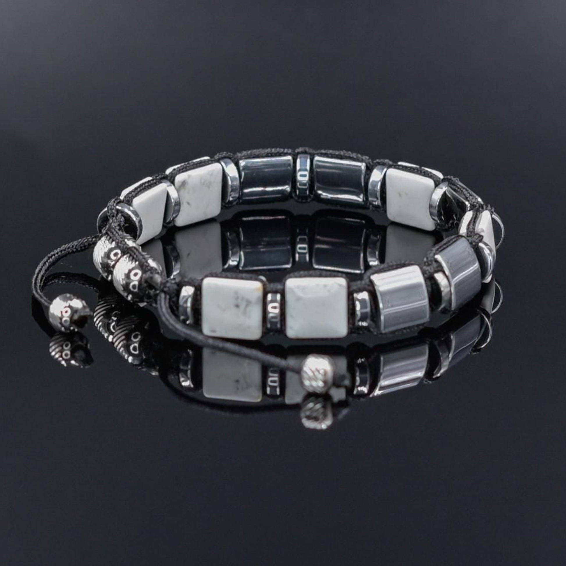 Men's White Howlite Hematite Steel Square Beads Bracelet, Braided Adjustable Bracelet, Gift for Men - Shamballa Bracelet - Mantra Bracelet  -  Yoga Bracelet -  Birthstone Bracelet - Gemstone Bracelet Men - Chakra Bracelet - Macrame Bracelet - Healing Bracelet - Gift for Father - Gift For Men - Valinde
