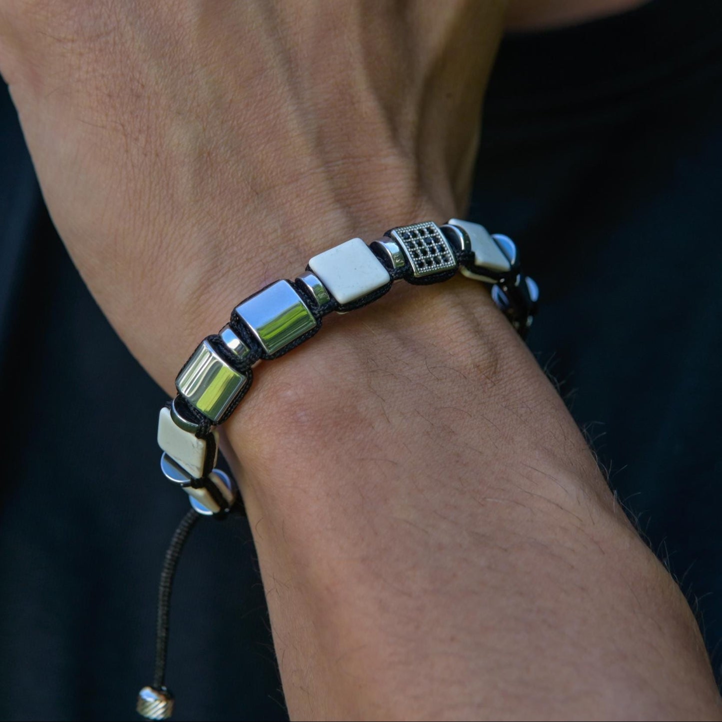 Men's White Howlite Hematite Steel Square Beads Bracelet, Braided Adjustable Bracelet, Gift for Men - Shamballa Bracelet - Mantra Bracelet  -  Yoga Bracelet -  Birthstone Bracelet - Gemstone Bracelet Men - Chakra Bracelet - Macrame Bracelet - Healing Bracelet - Gift for Father - Gift For Men - Valinde
