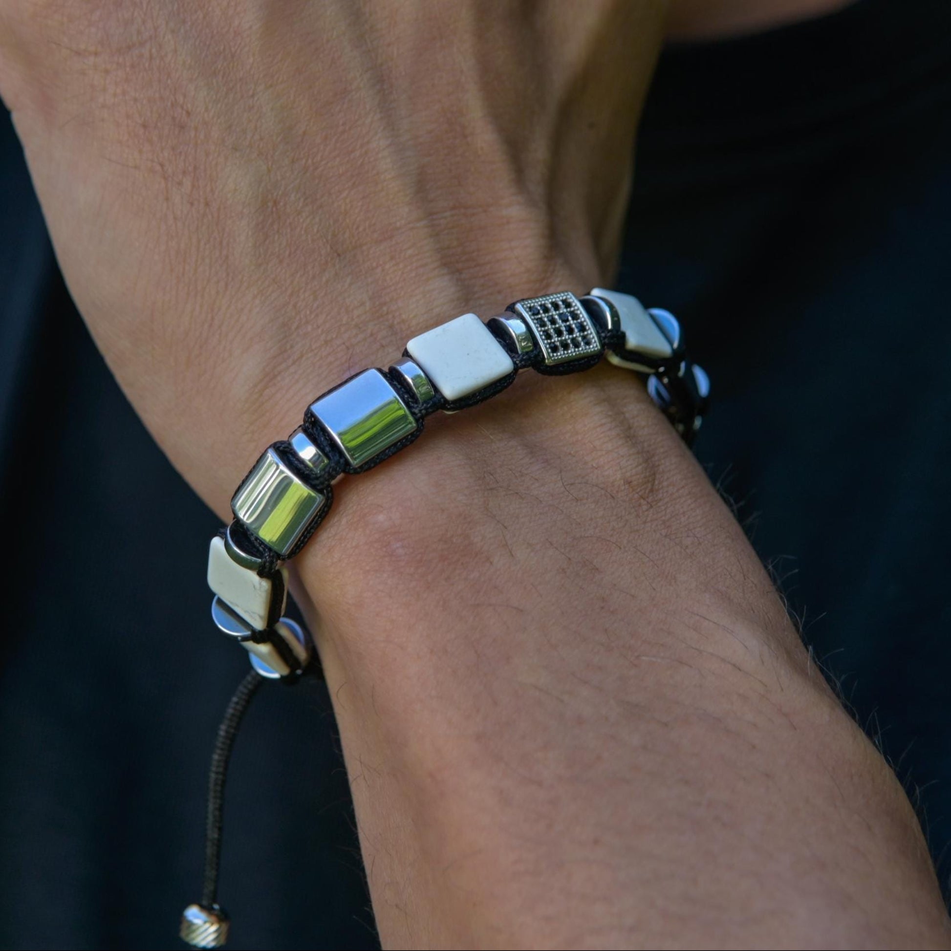 Men's White Howlite Hematite Steel Square Beads Bracelet, Braided Adjustable Bracelet, Gift for Men - Shamballa Bracelet - Mantra Bracelet  -  Yoga Bracelet -  Birthstone Bracelet - Gemstone Bracelet Men - Chakra Bracelet - Macrame Bracelet - Healing Bracelet - Gift for Father - Gift For Men - Valinde
