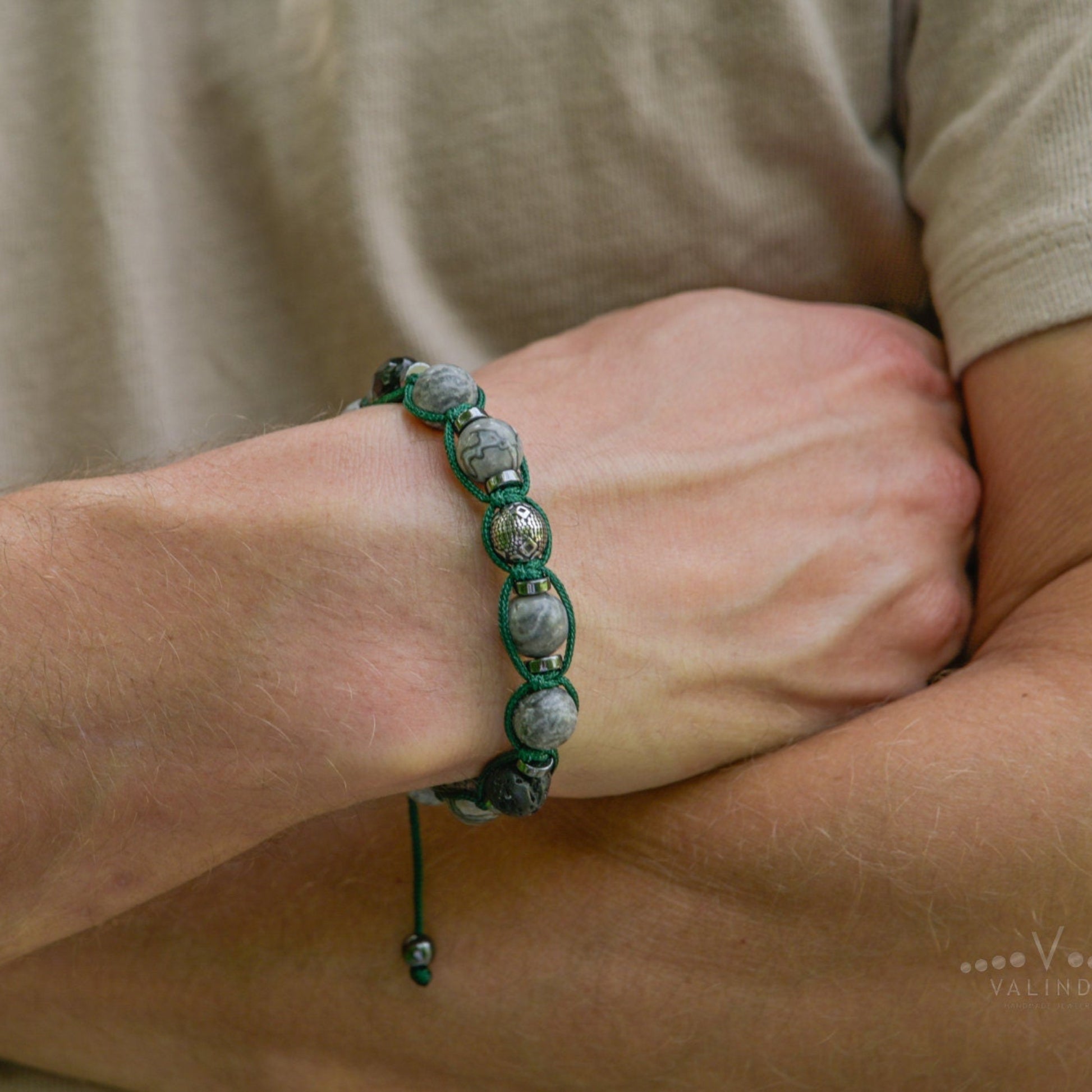 Gemstone Jasper Agate Hematite Bracelet, Men's Adjustable Steel Bead Bracelet, Gift for Men, Macrame Bracelet, Stone Grey Beaded Bracelet -Shamballa Bracelet - Mantra Bracelet  -  Birthstone Bracelet - Gemstone Bracelet Men - Chakra Bracelet - Macrame Bracelet - Healing Bracelet - Valinde

